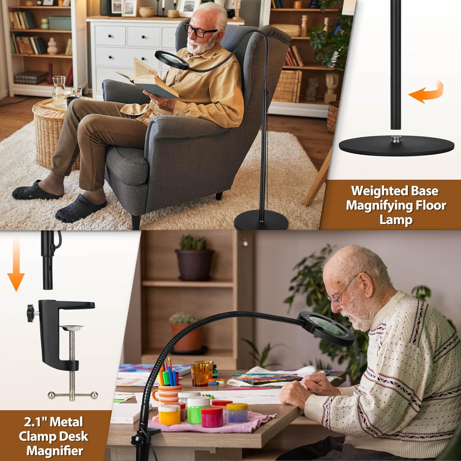 Lupa 5X con luz y soporte, lámpara de pie flexible de cuello de cisne de 24 pulgadas, 3 en 1, LED 3 en 1, 5 modos de color, lupa iluminada regulable
