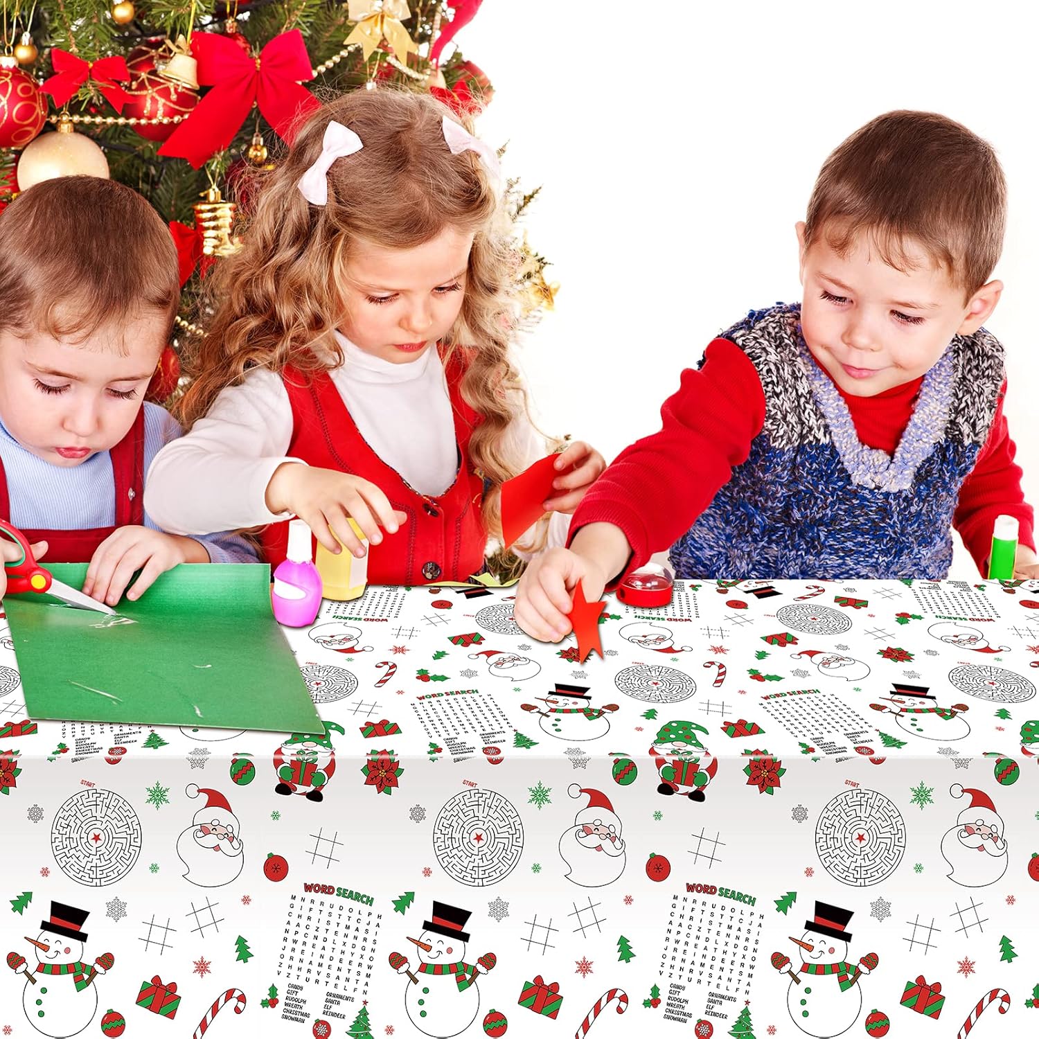 1 mantel de papel de actividades navideñas, mantel desechable de papel de Papá Noel, muñeco de nieve, gnomo, para niños, Navidad, invierno,