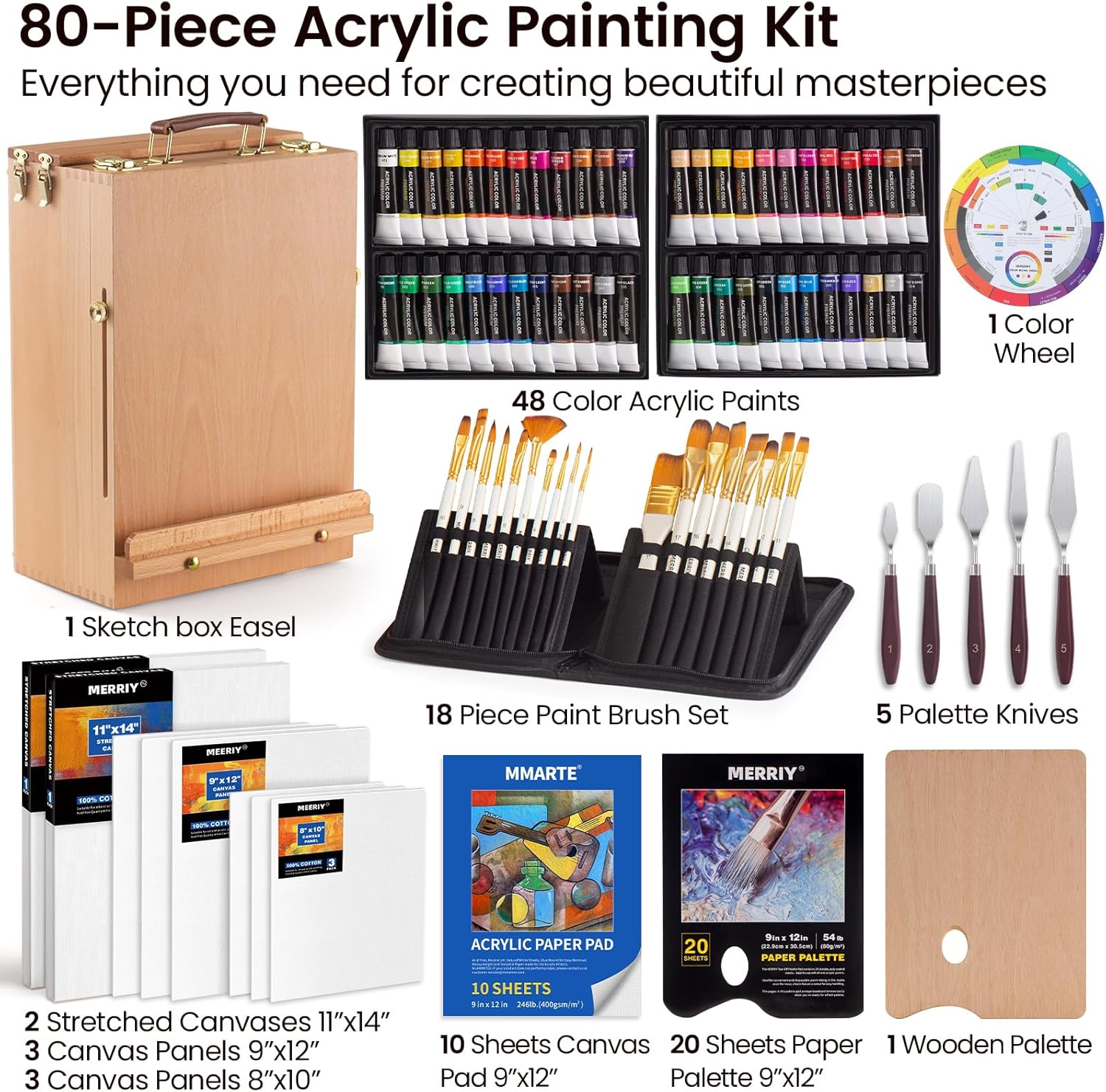 MERRIY Juego de pintura acrílica de 80 piezas, kit de suministros de pintura para artistas con caballete de caja de bocetos de mesa, pinturas
