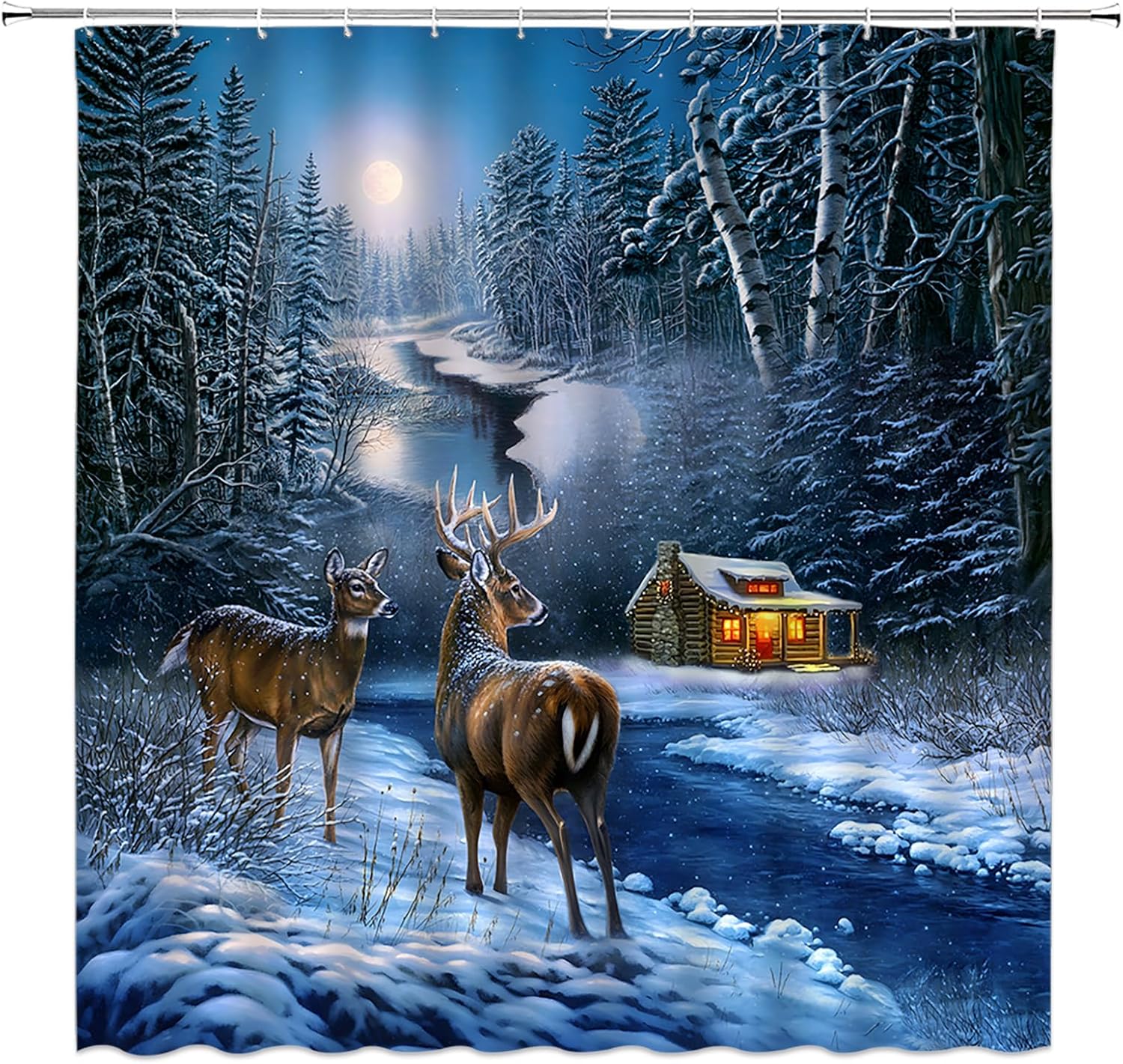 ABONAN Cortina de ducha de ciervos de Navidad, bosque nevado, ciervos, granja, reno de Navidad, naturaleza, paisaje nevado, juego de cortinas de