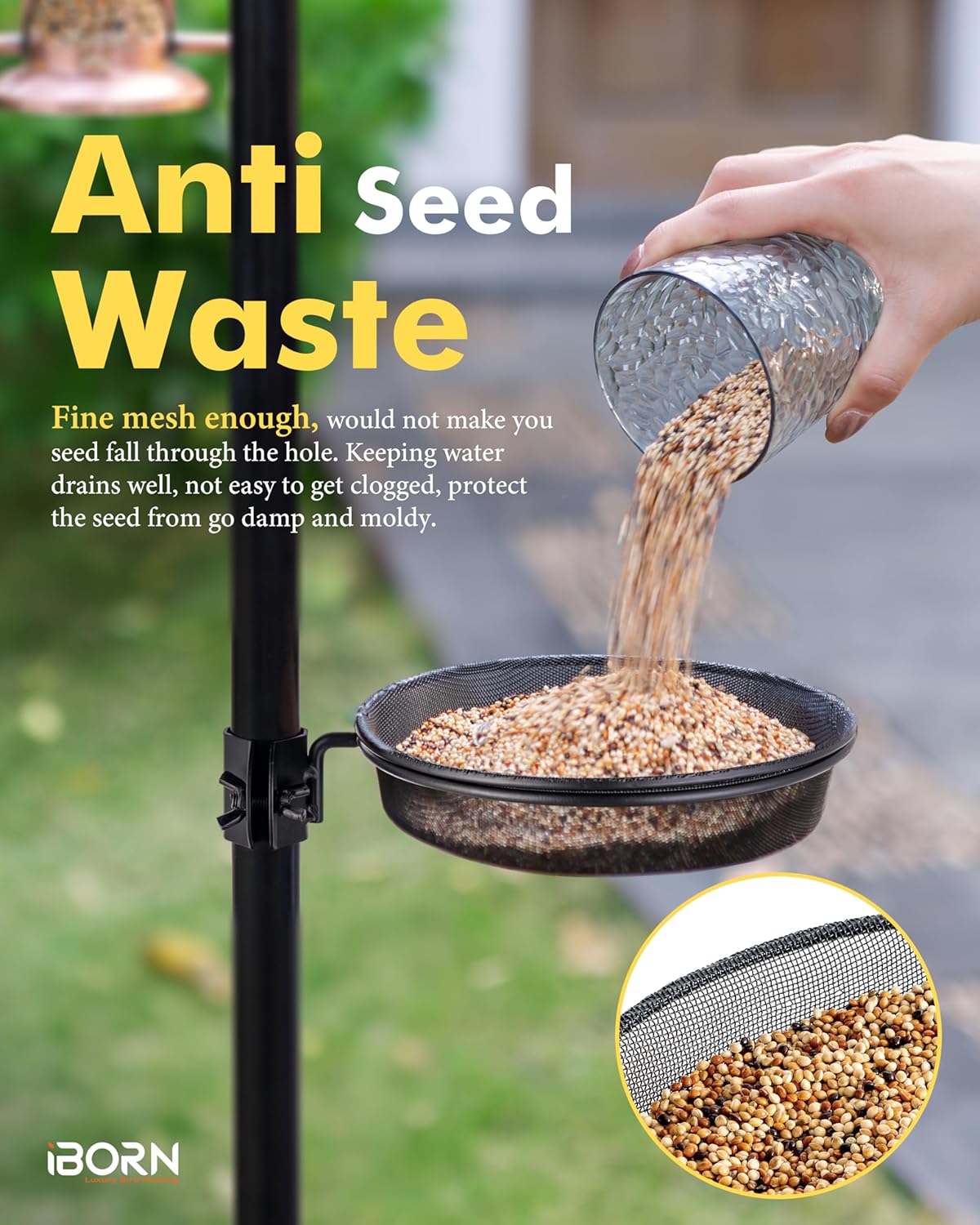 iBorn Bandeja de malla y anillo para comederos de pájaros de 1 pulgada, accesorio al aire libre para comederos de pájaros para colibríes para