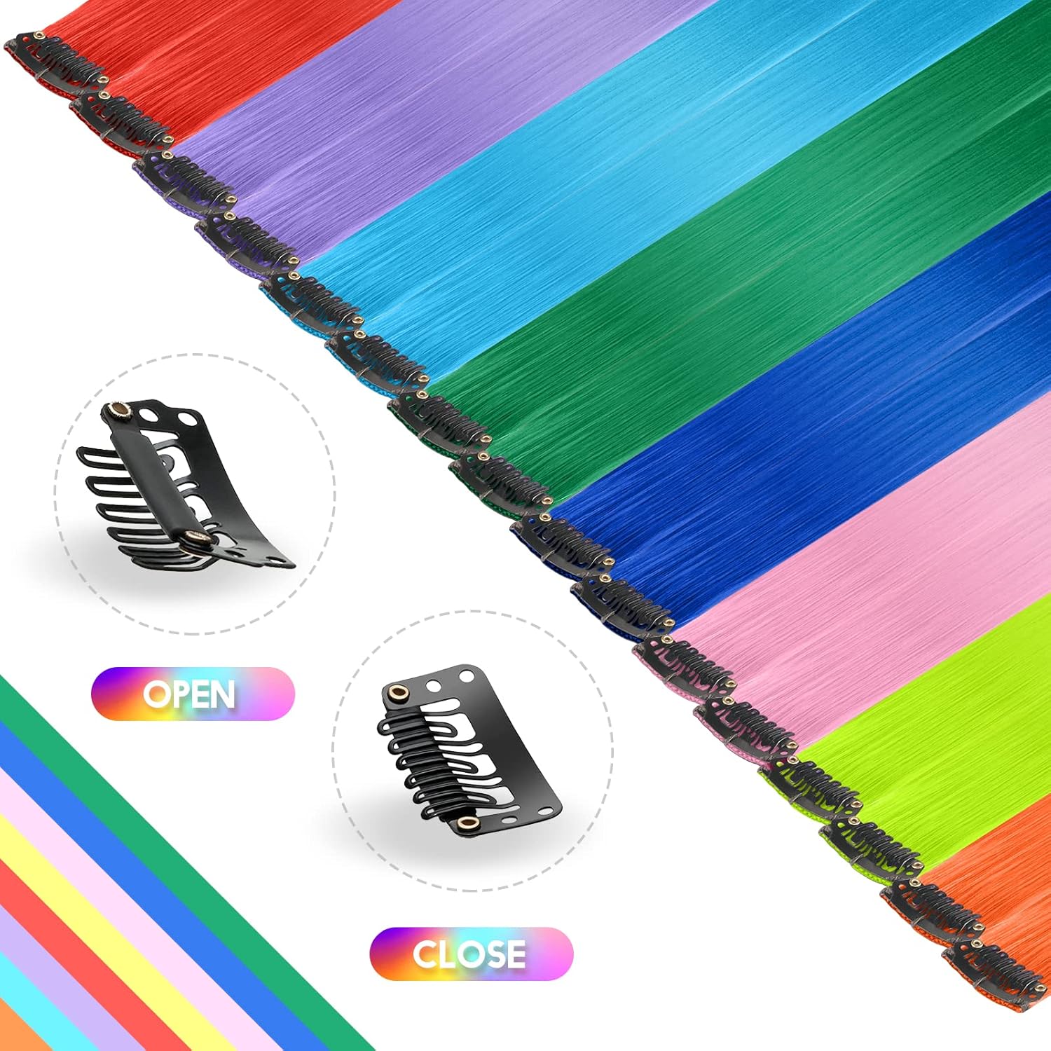 FESHFEN Extensiones de cabello de colores, 16 piezas de 8 colores arcoíris para mujer, extensiones de cabello lacio colorido con clip, disfraces de