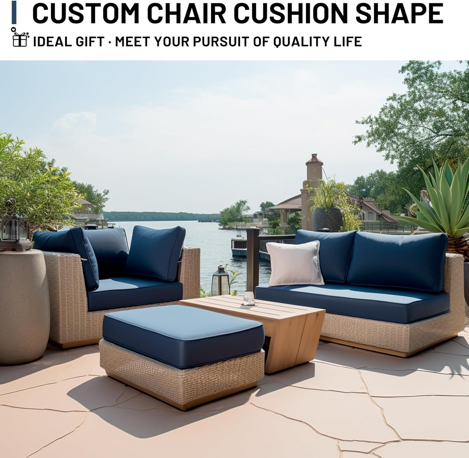 Lokex Cojines para muebles de patio, tamaño personalizado, duraderos e impermeables, cojines de asiento profundo para patio, doble tubería, cojín