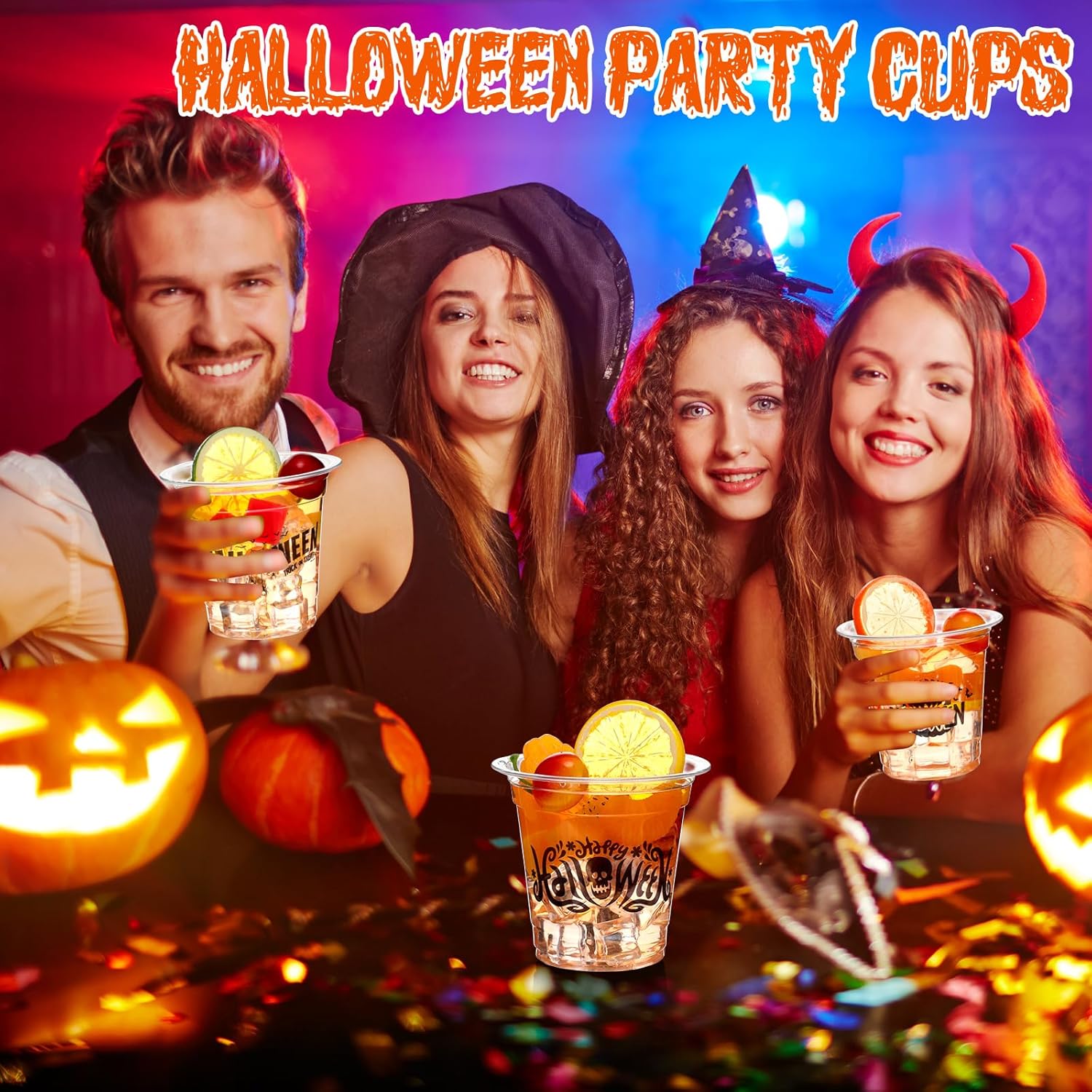 Sliner 60 vasos de plástico desechables transparentes de 12 onzas para Halloween, murciélagos, fantasmas, arañas, suministros de fiesta de Halloween