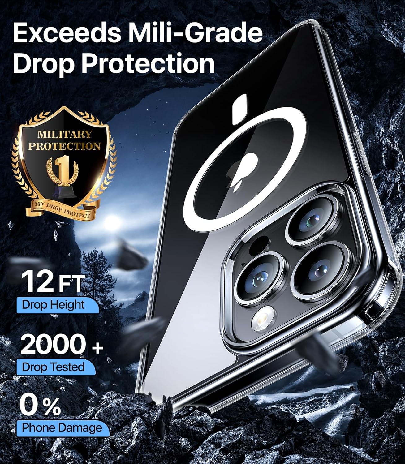 Funda magnética para iPhone 12 Pro Max, nunca amarilla compatible con MagSafe Protección militar contra caídas de 10 pies, a prueba de golpes,