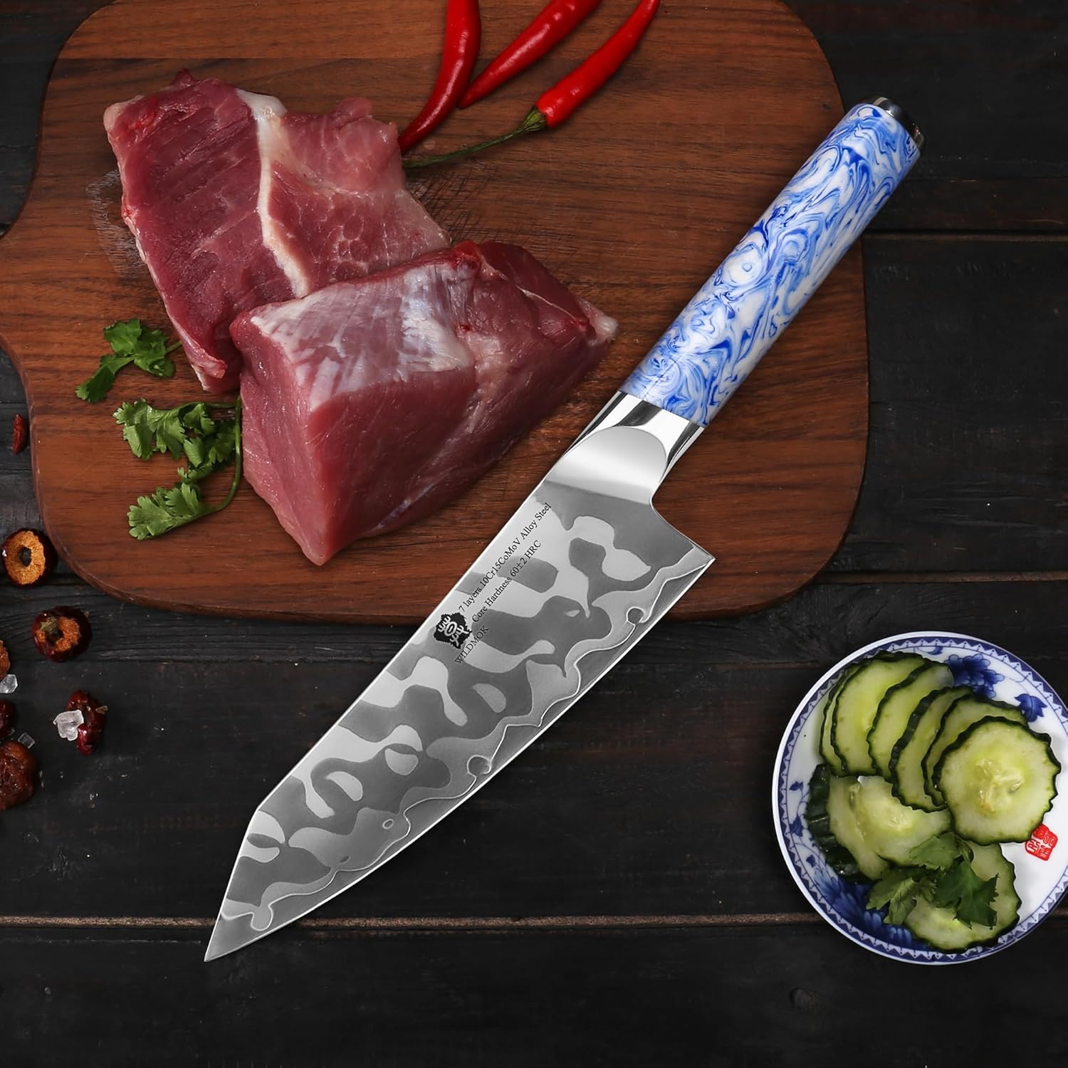 WILDMOK Santoku – Cuchillo de cocina japonés de acero aleado de 7 pulgadas, 7 capas, cuchillo de cocina ultra afilado con mango de resina