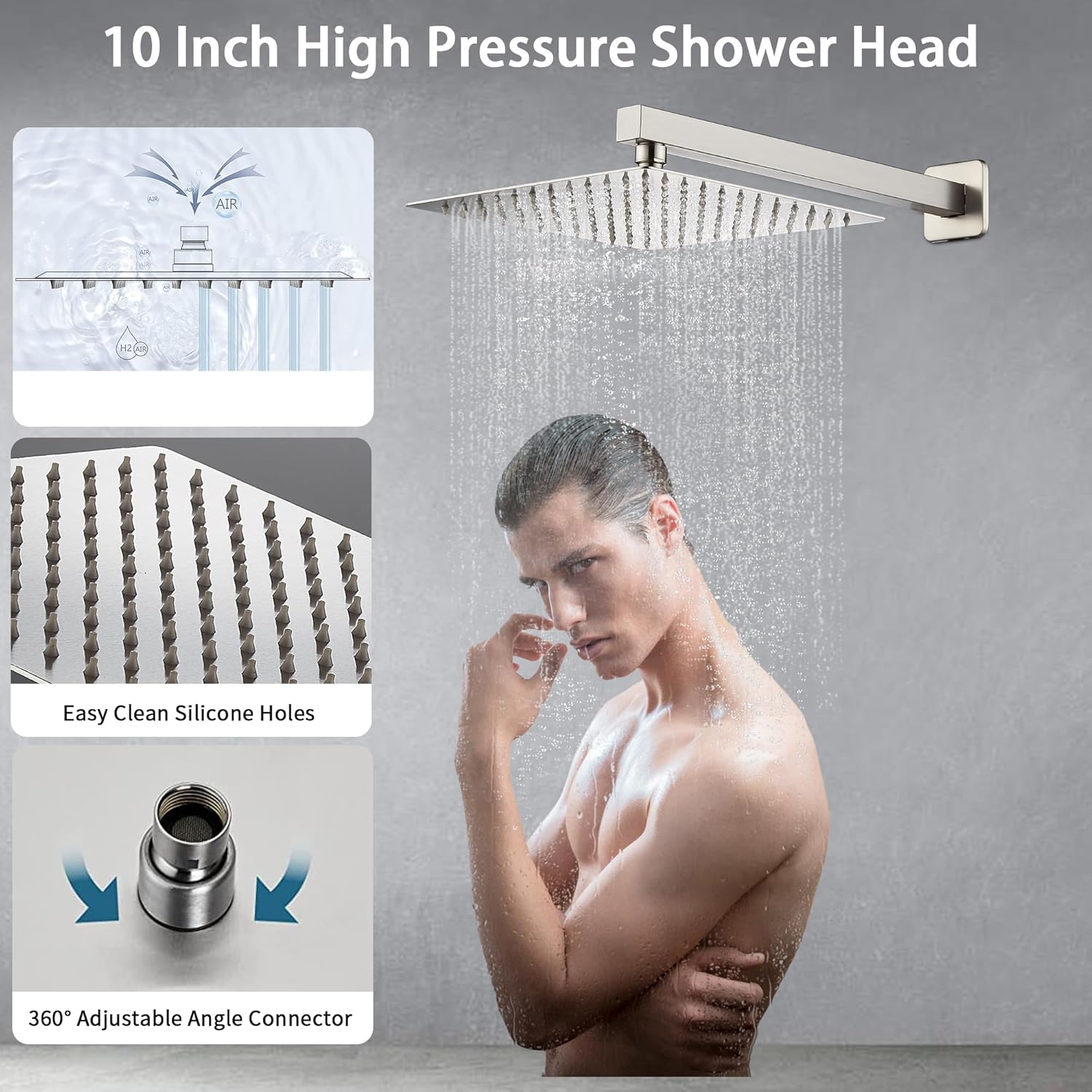 Sistema de ducha de níquel cepillado de 10 pulgadas, sistema de ducha con grifo de ducha de mano montado en la pared para baño de alta presión