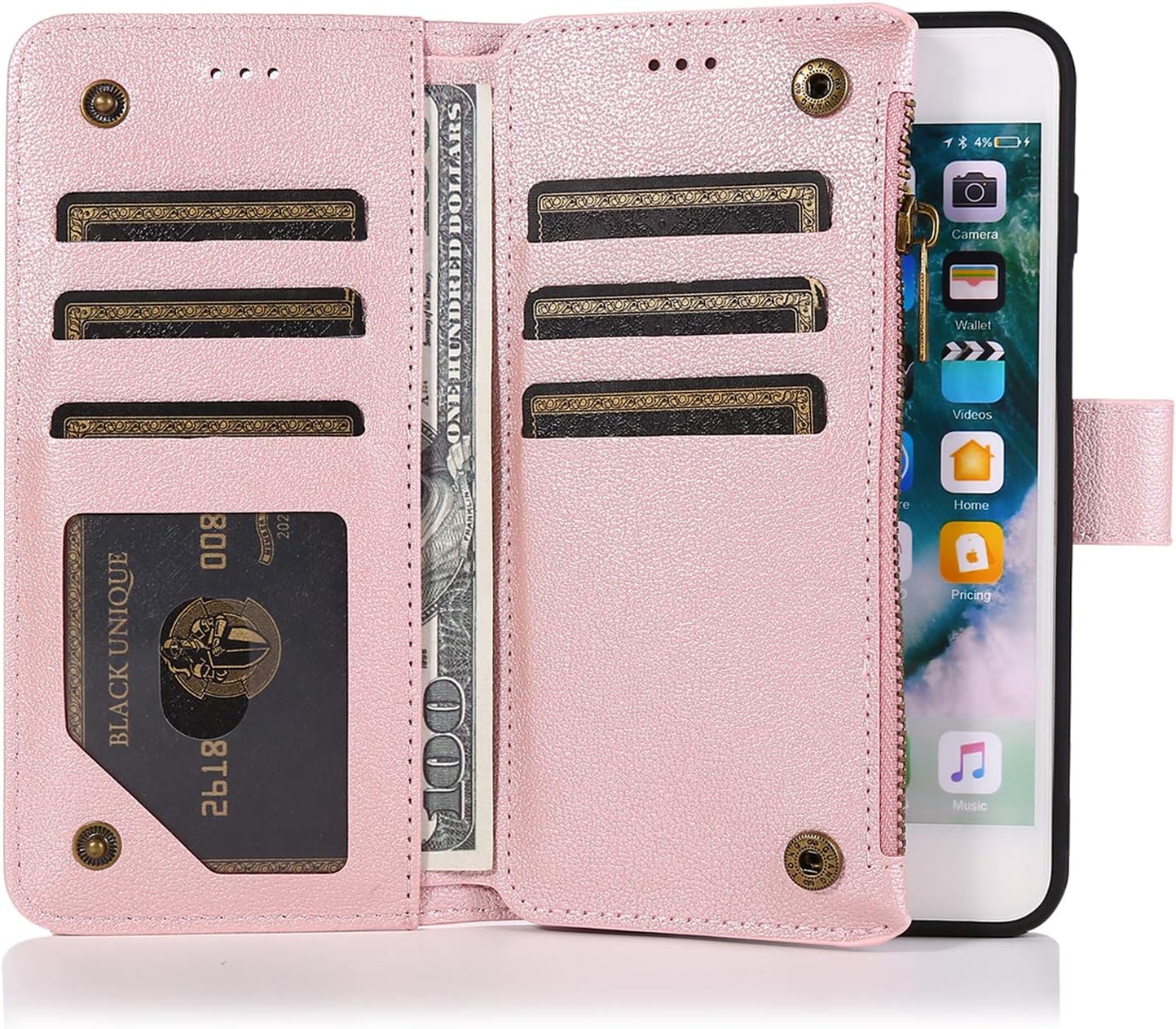 QLTYPRI Funda para iPhone 7 Plus 8 Plus, de piel premium, tarjetero con función atril, correa de muñeca, cierre magnético, monedero con cremallera