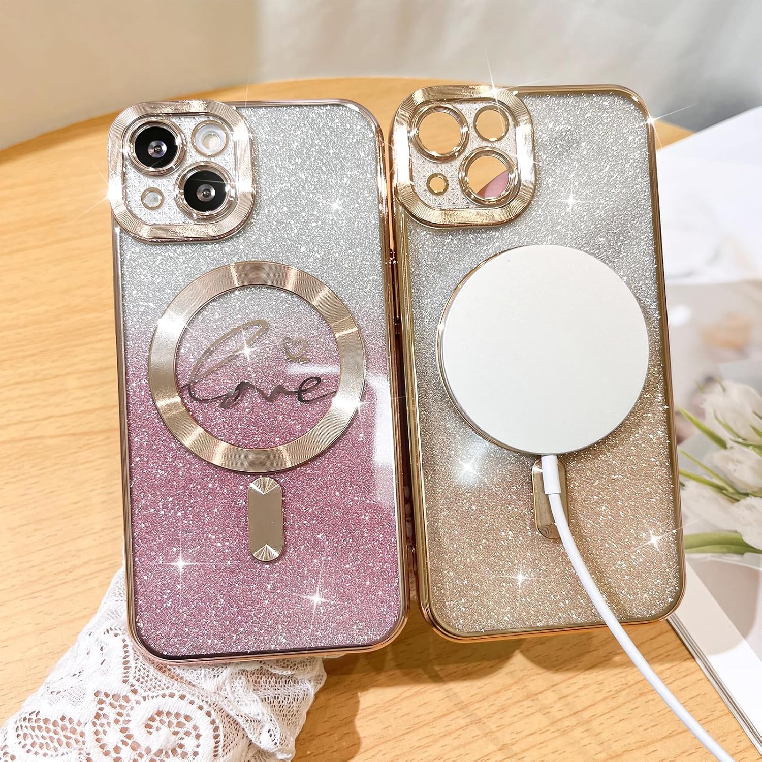 Fiyart Funda compatible con iPhone 13, compatible con MagSafe Love con protección de cámara chapada en corazón, purpurina magnética para mujeres y