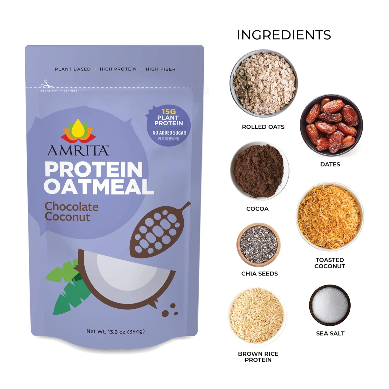Amrita Avena con proteína de chocolate y coco durante la noche (14 onzas), alta fibra, sin azúcar añadida, cereales para el desayuno, batidos de
