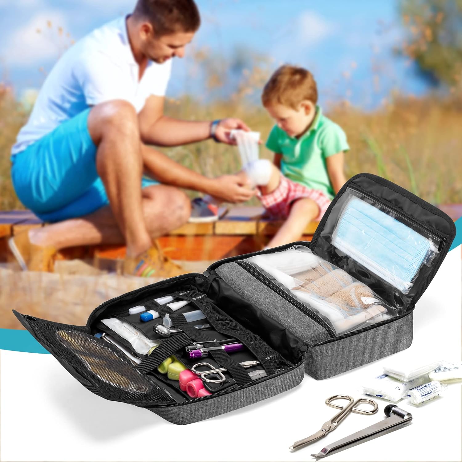 Trunab Bolsa de primeros auxilios portátil vacía, bolsa de suministros médicos con 2 solapas interiores, bolsa de trauma de emergencia para