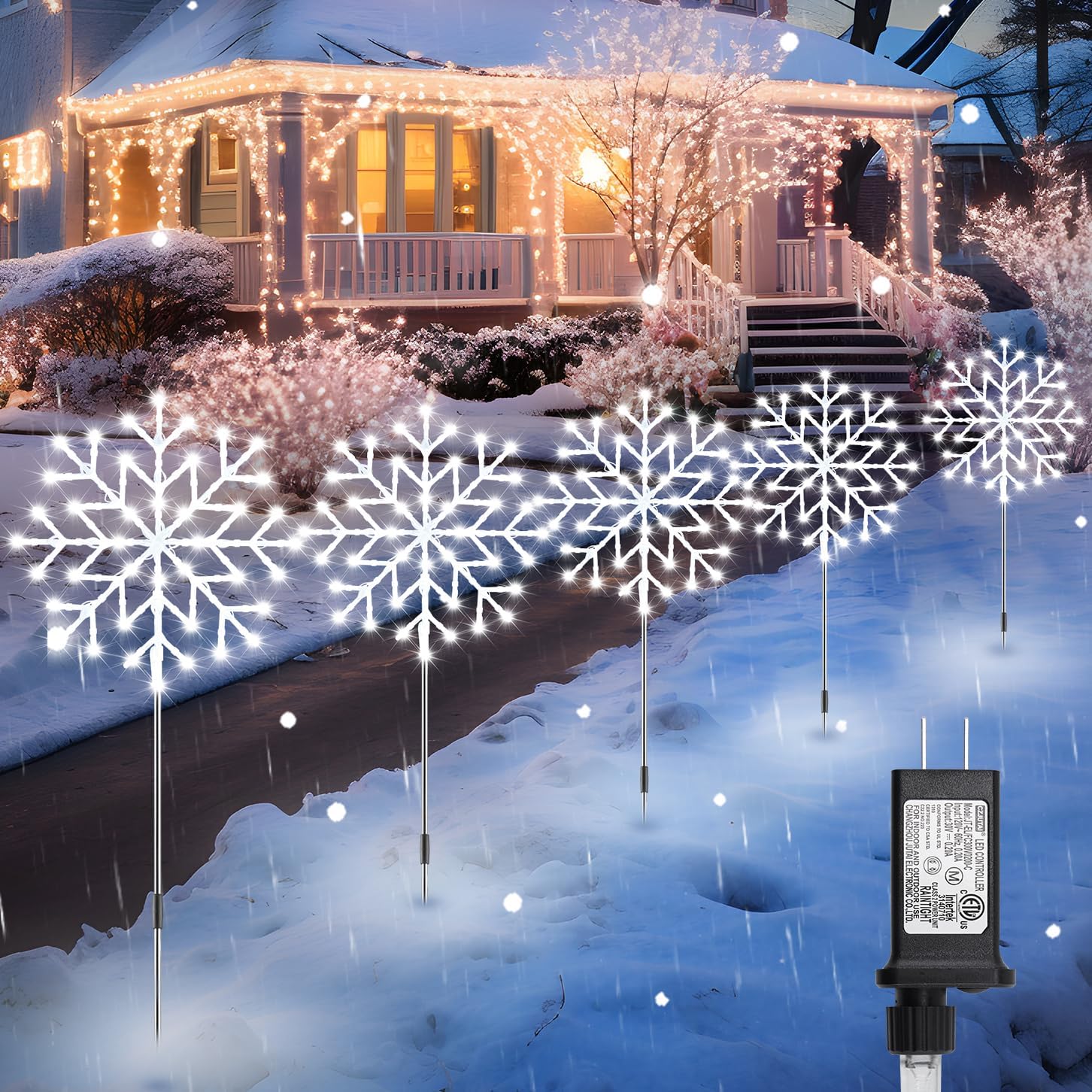 Luces de copo de nieve para exteriores, 10 luces grandes de copo de nieve para camino, decoraciones de Navidad al aire libre, patio, acera,