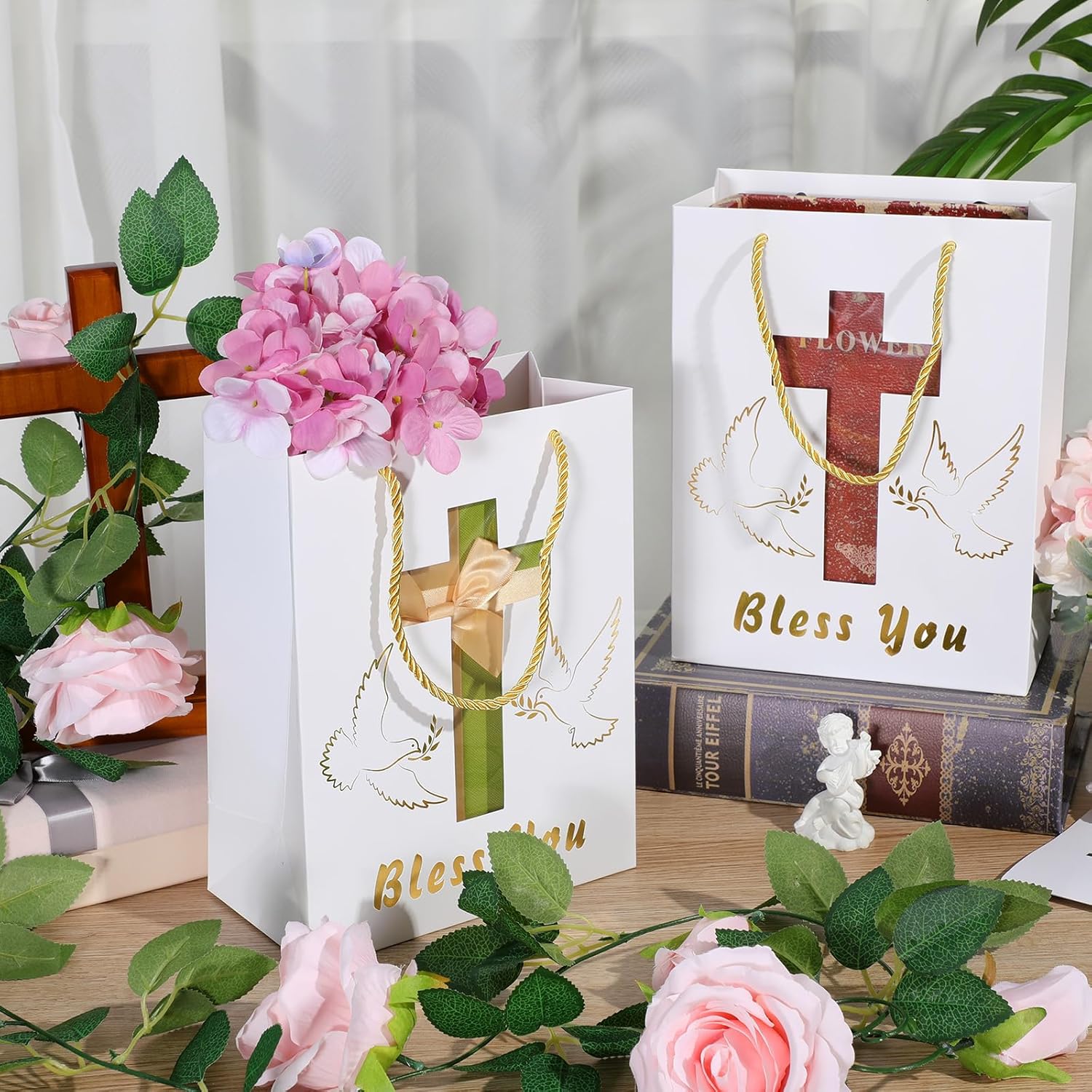 Fulmoon Paquete de 50 bolsas de regalo de iglesia para bautismo cristiano, bolsas de regalo para bautizo, fiesta religiosa, bolsa de regalo a granel