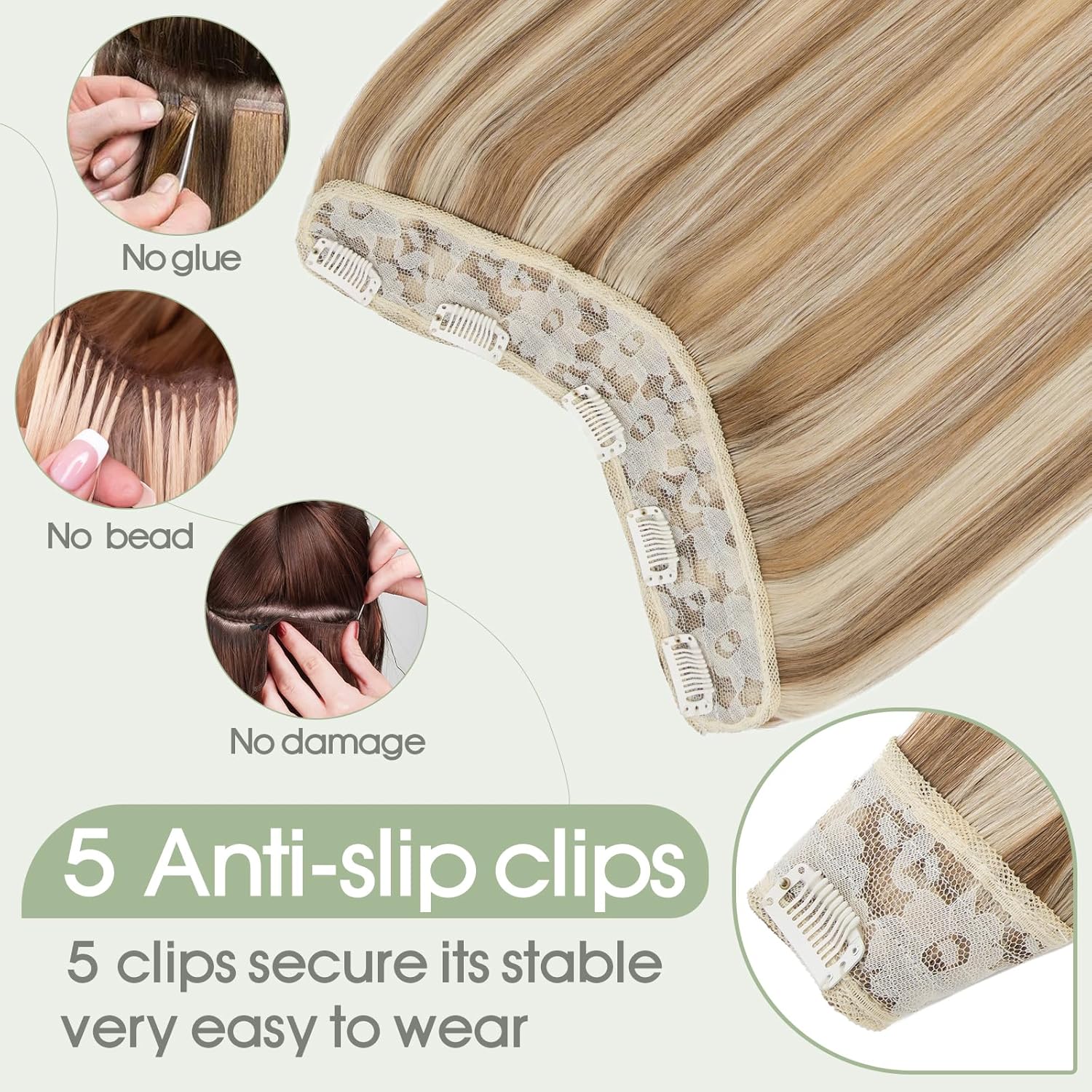 S-noilite Balayager – Extensiones de cabello humano con clip, de una pieza, 5 clips, 34 de cabeza completa, parte en V, trama de cabello más grueso,