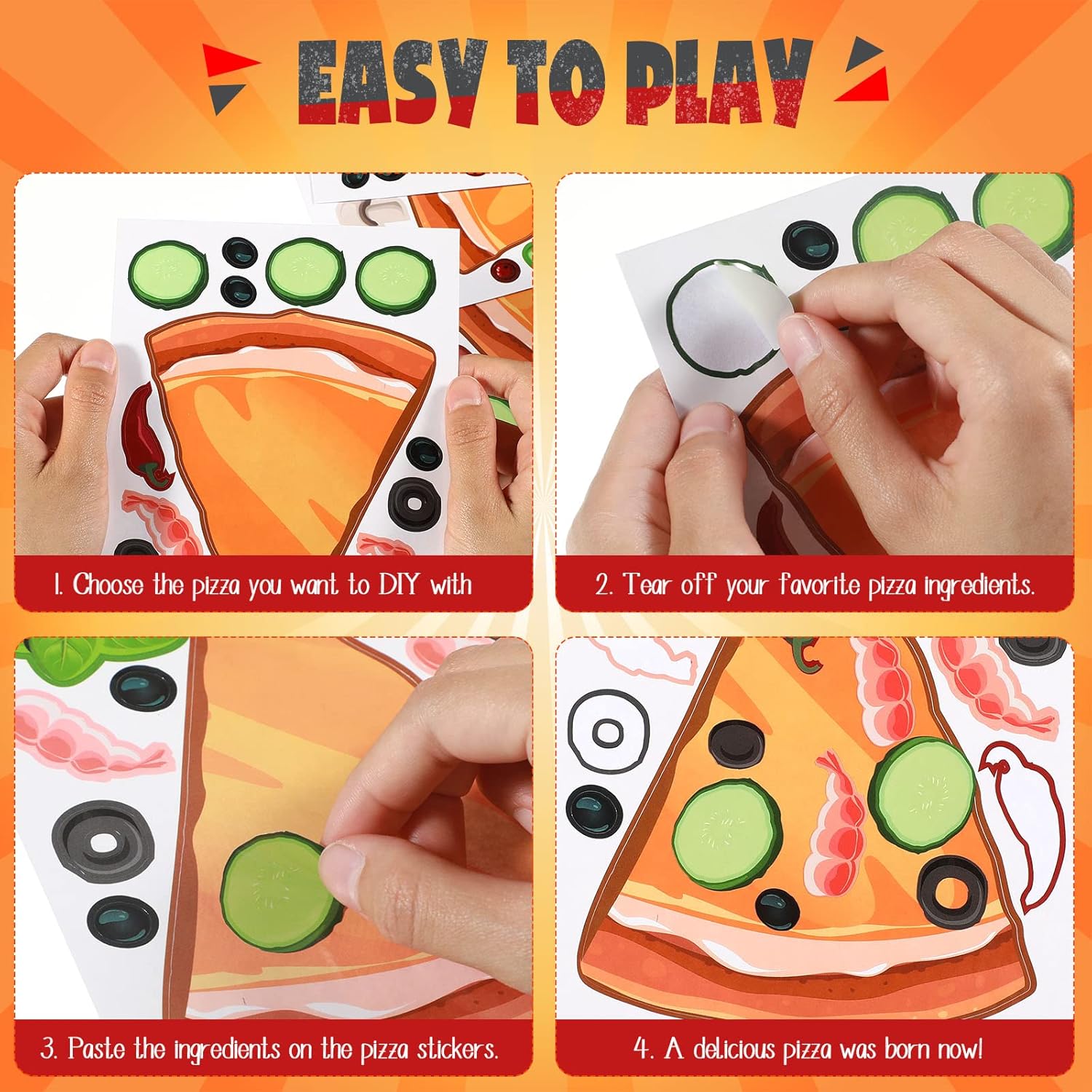 24 hojas de calcomanías para hacer tu propia pizza, mezcla y combina calcomanías de pizza DIY pizza se adhiere a hongos, calcomanías de pizza,