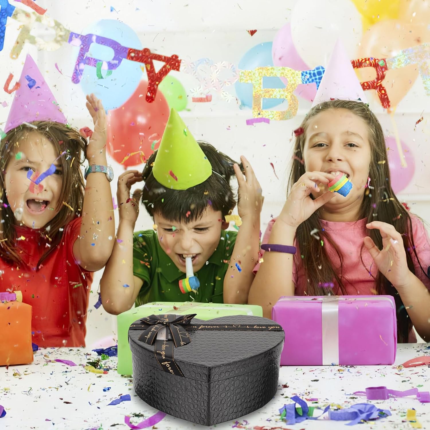 EXCEART Caja en forma de corazón, caja de corazón negro, cajas de regalo de anidación con cubierta, cinta de lazo, flores, caja de embalaje para