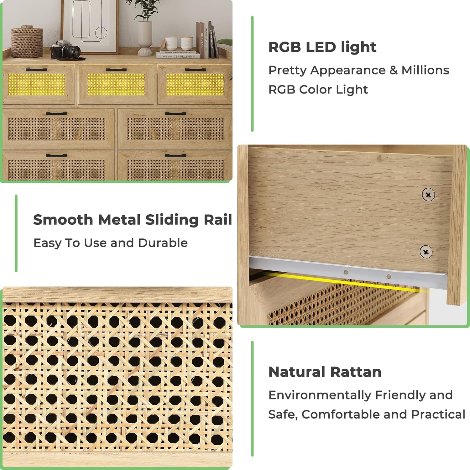 AOGLLATI Cómoda para dormitorio con 7 cajones, cómoda de ratán con luz LED, cómoda de madera ancha LED para dormitorio