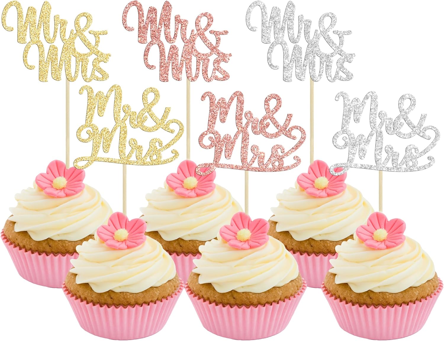Gyufise 36 piezas de decoración para cupcakes Mr & Mrs con purpurina para despedida de soltera, para boda, compromiso, cumpleaños, aniversario,