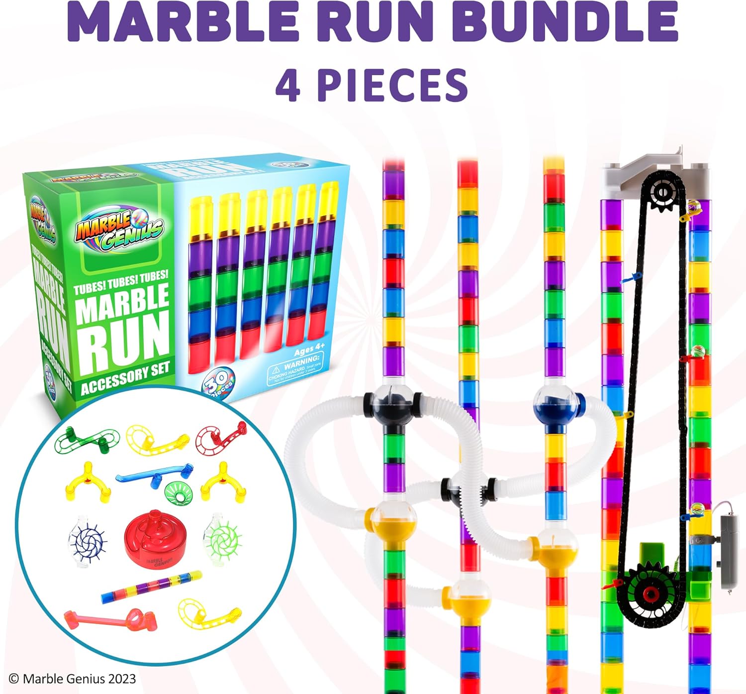 Marble Genius Paquete juego de refuerzo de carrera de mármol (20 piezas), tubos, esferas y tubos accesorio, elevación automática de cadena, crea