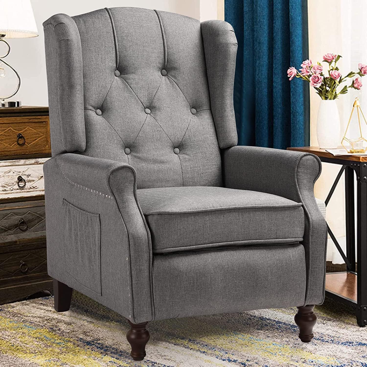 OQQOEE Wingback – Silla reclinable de tela, sillas decorativas con respaldo acolchado de diamante con respaldo ajustable y cojines acolchados