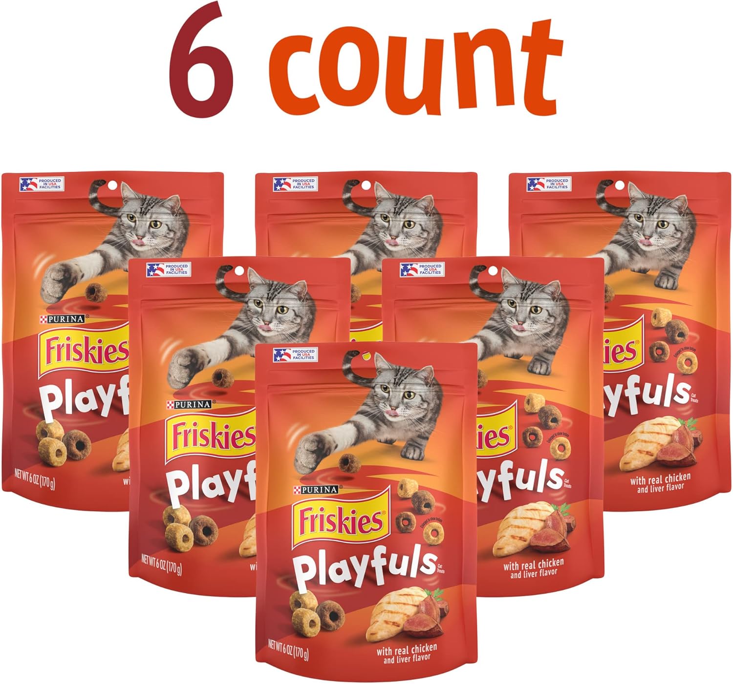Purina Friskies Playfuls – Golosinas para gatos con sabor a pollo e hígado (paquete de 6) bolsas de 6 onzas