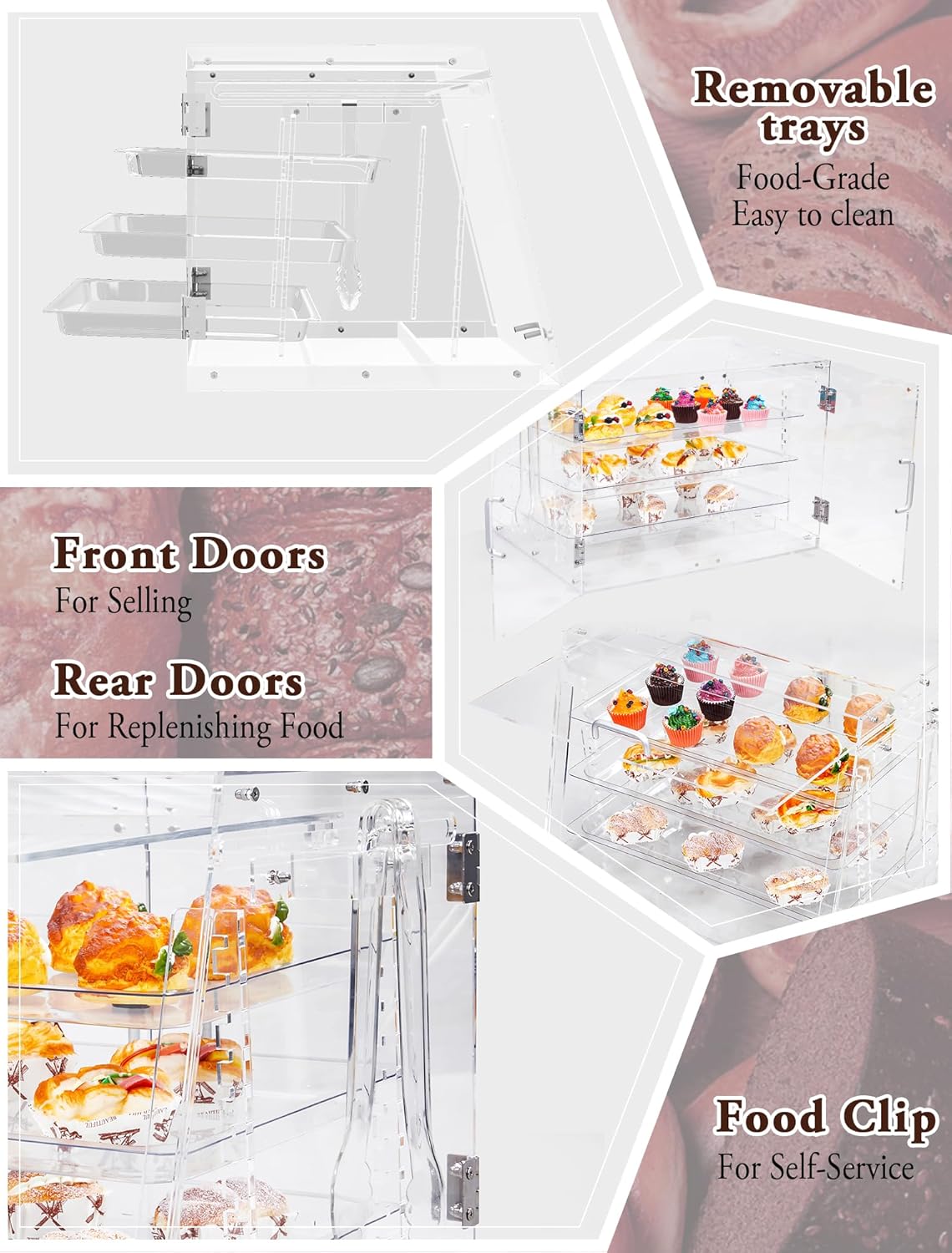 Estuche de exhibición de pastelería, caja de pan transparente, vitrina de panadería extraíble de 3 niveles con pinza para pan, vitrina comercial