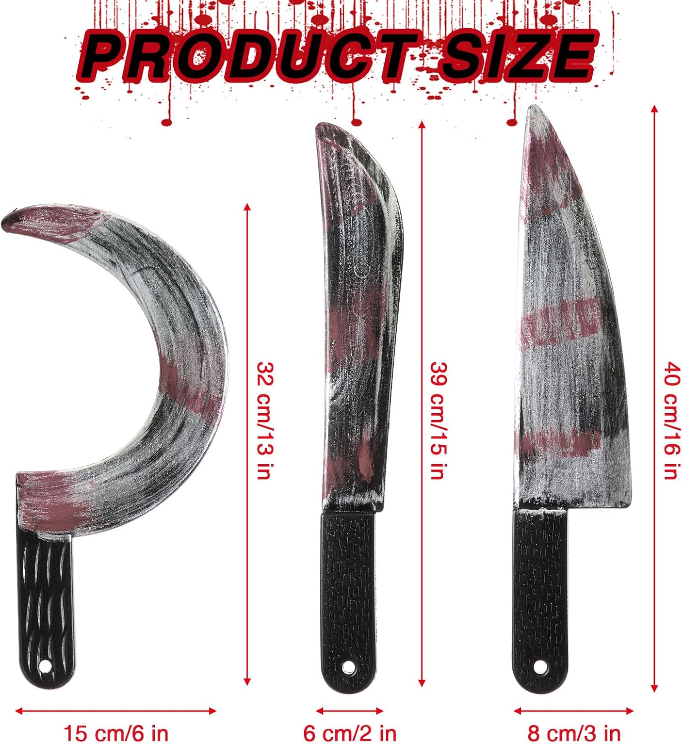Cuchillo de Halloween de 3 piezas, cuchillo falso, machete de juguete, plástico para Halloween, carnicero, hoz, arma. Prop decoración de fiesta de