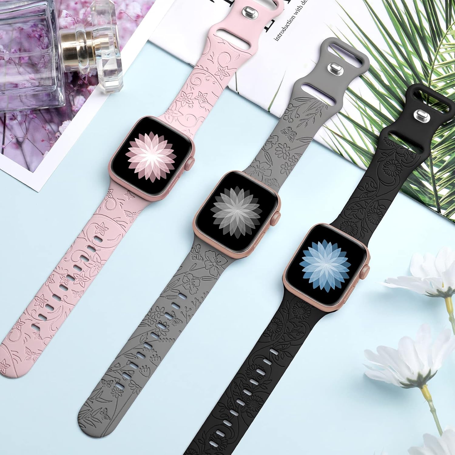Paquete de 3 correas con grabado floral compatibles con Apple Watch de 1.575 pulgadas, 1.614 pulgadas, 1.496 pulgadas, 1.654 pulgadas, 1.732