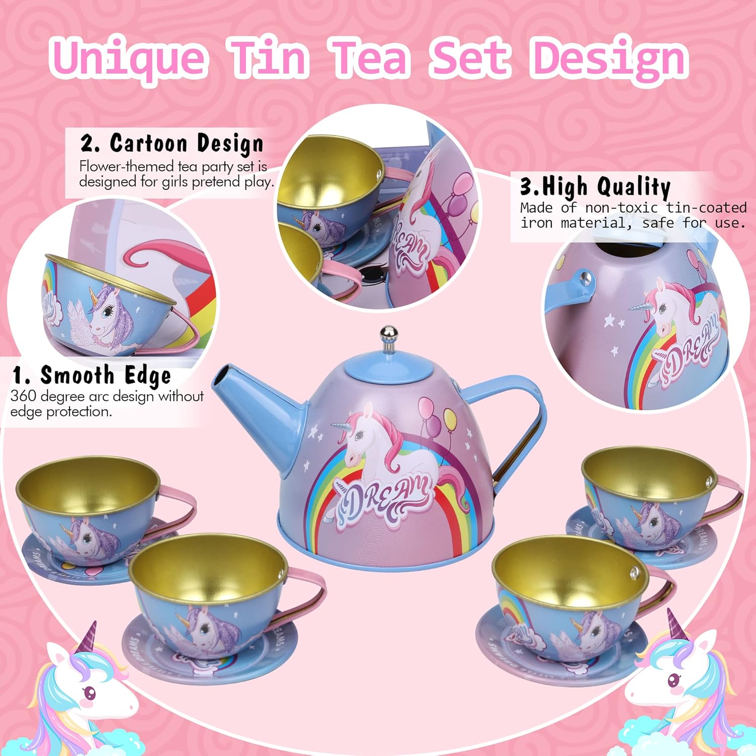 SAITI Juego de té de fiesta temática de unicornio para niñas pequeñas, juego de té de princesa, tetera de juguete de regalo para niños, suministros