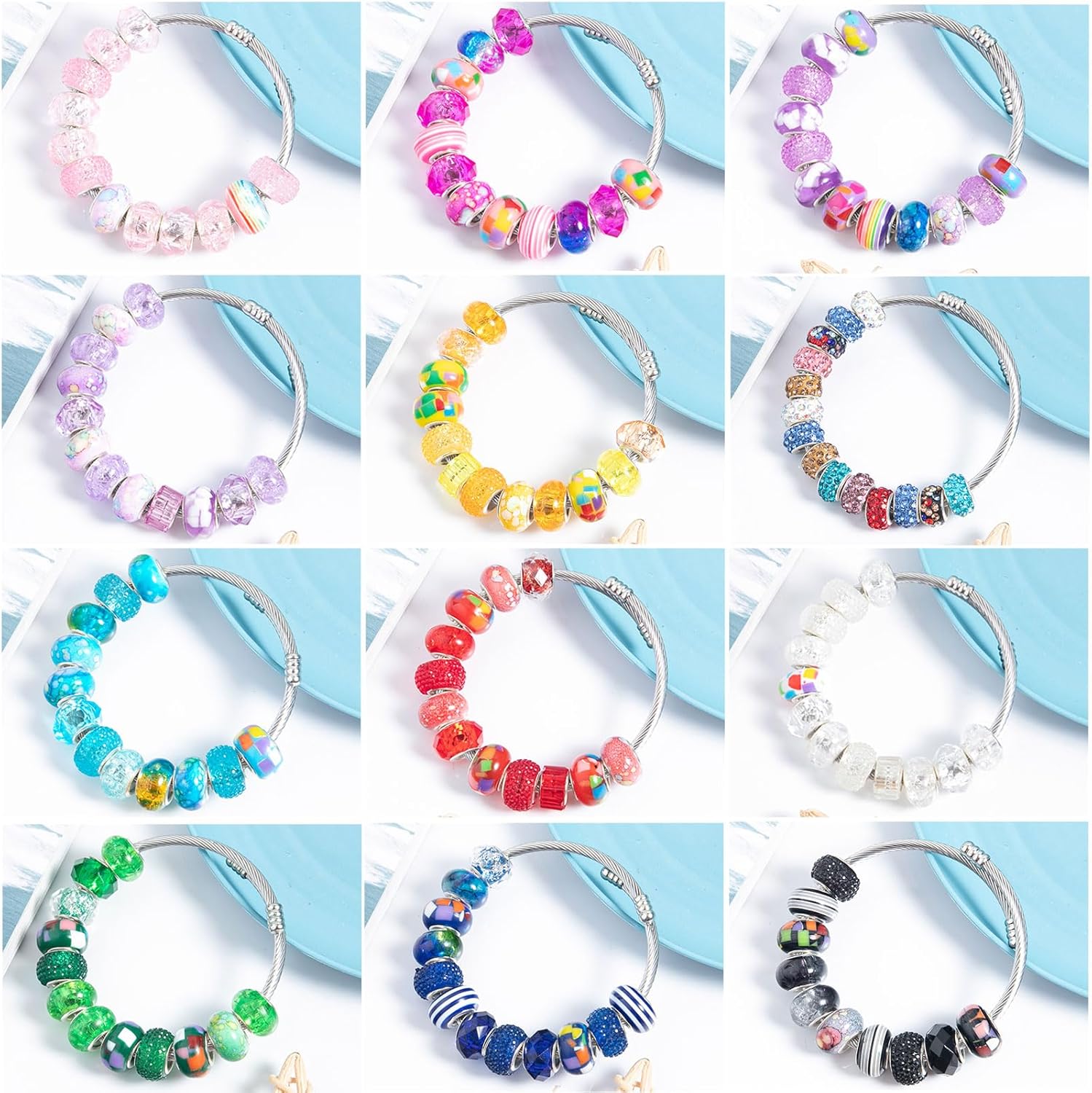 210 cuentas europeas de agujeros grandes, cuentas de manualidades europeas surtidas, cuentas de diamantes de imitación de colores mixtos, cuentas