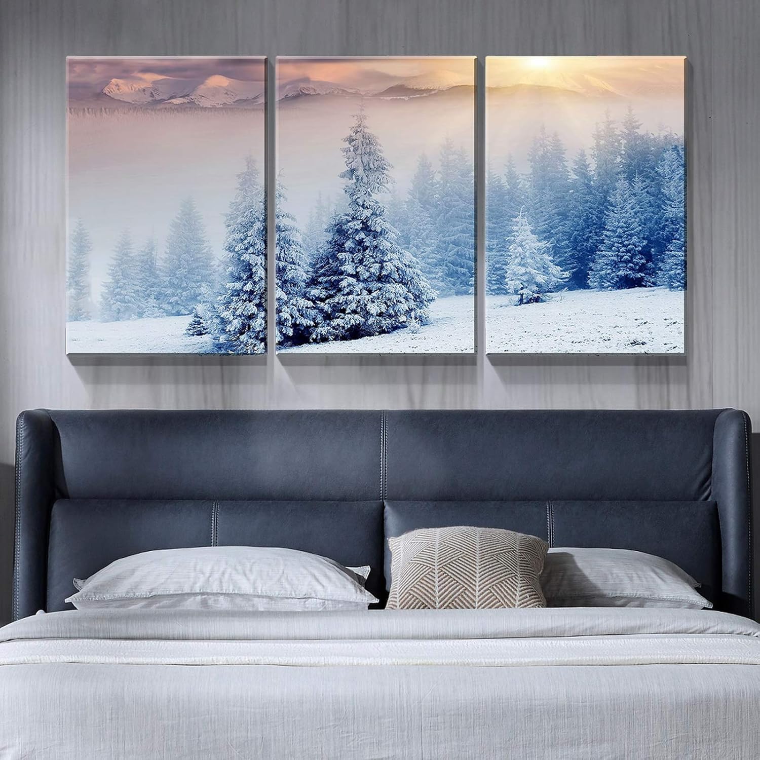 Denozer – Arte de pared en lienzo de 3 paneles para decoración de pared de sala de estar – Paisaje de invierno cubierto de nieve montañas árboles en