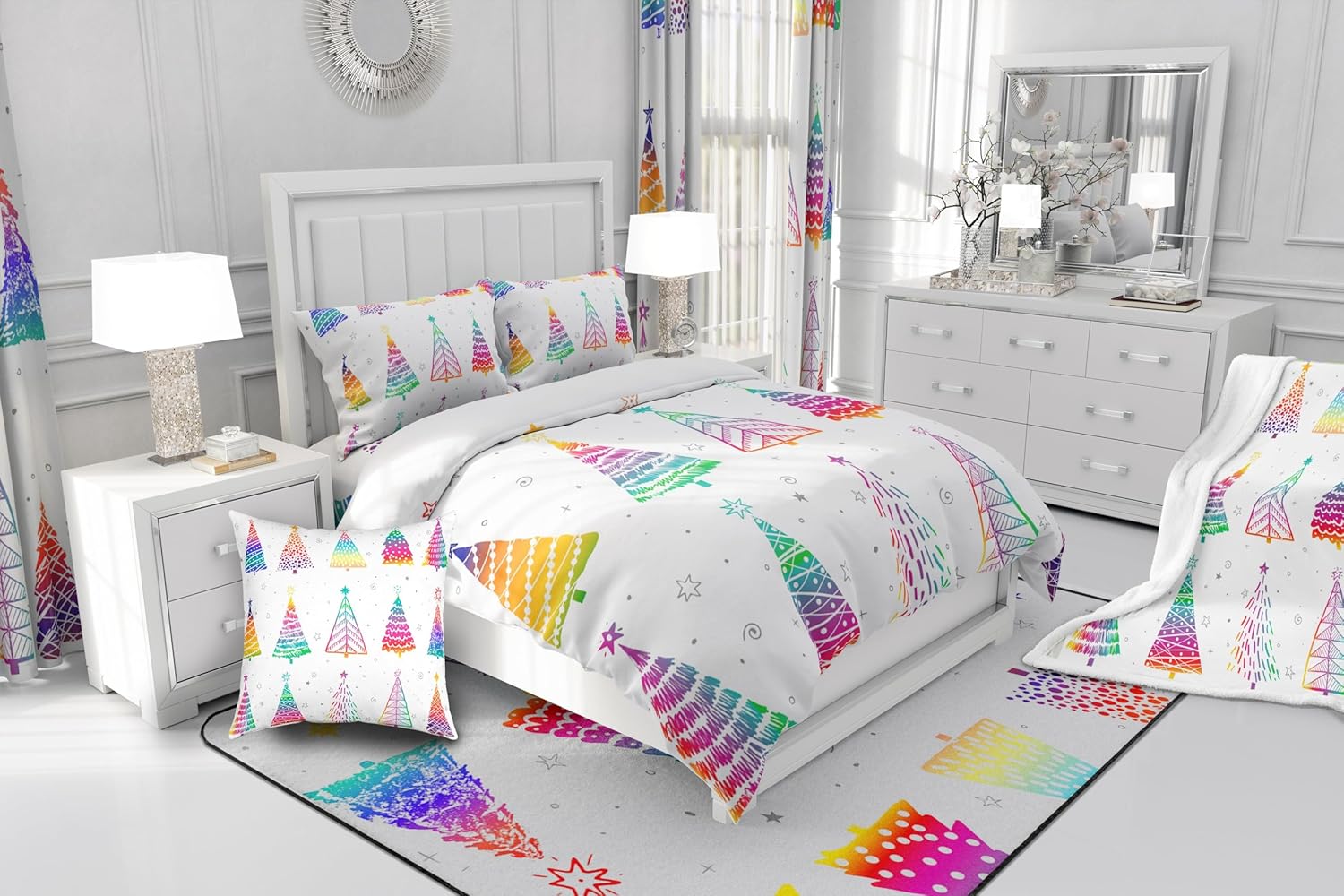 Erosebridal Funda de edredón de árbol de Navidad, decoración de Navidad en acuarela, juego de ropa de cama de Navidad, regalo de arcoíris para