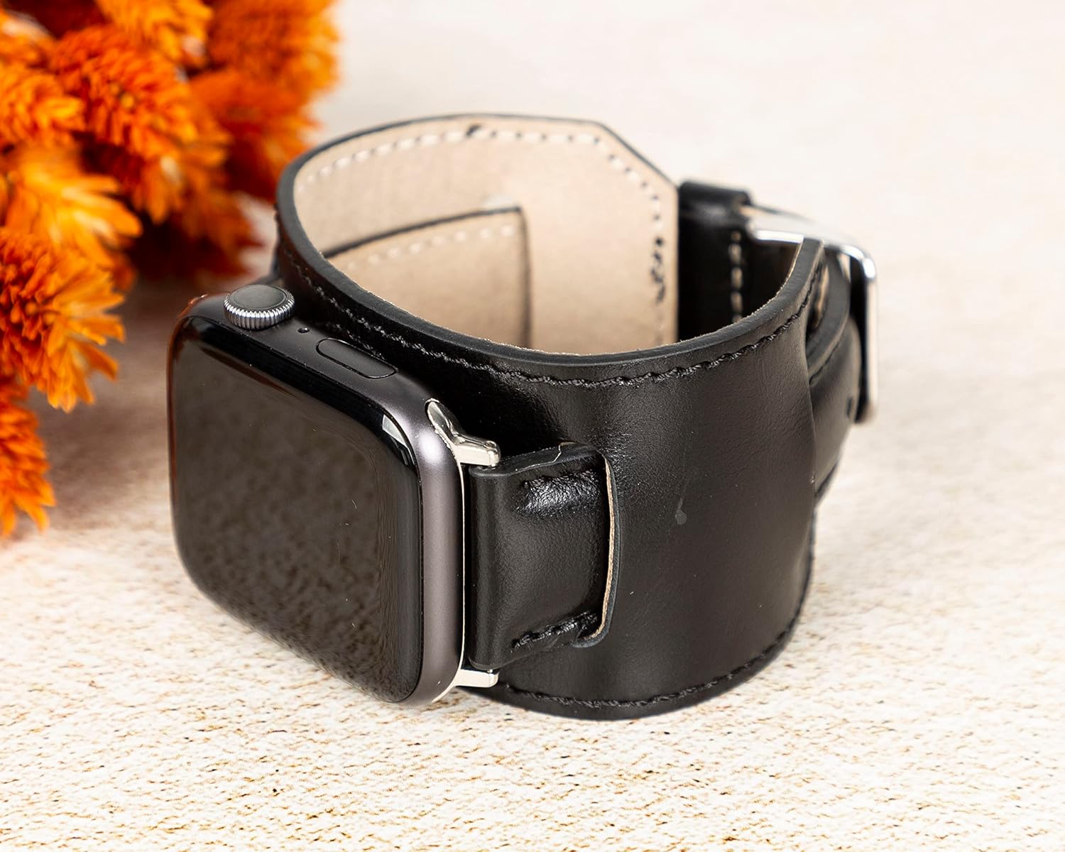 OXA Leather Cuff Watch Band Compatible with Apple Watch  Series 9 8 7 6 5 4 3 2 1 SE Ultra 1&2  Polished Stainless-Steel Buckle and Adapters  Men