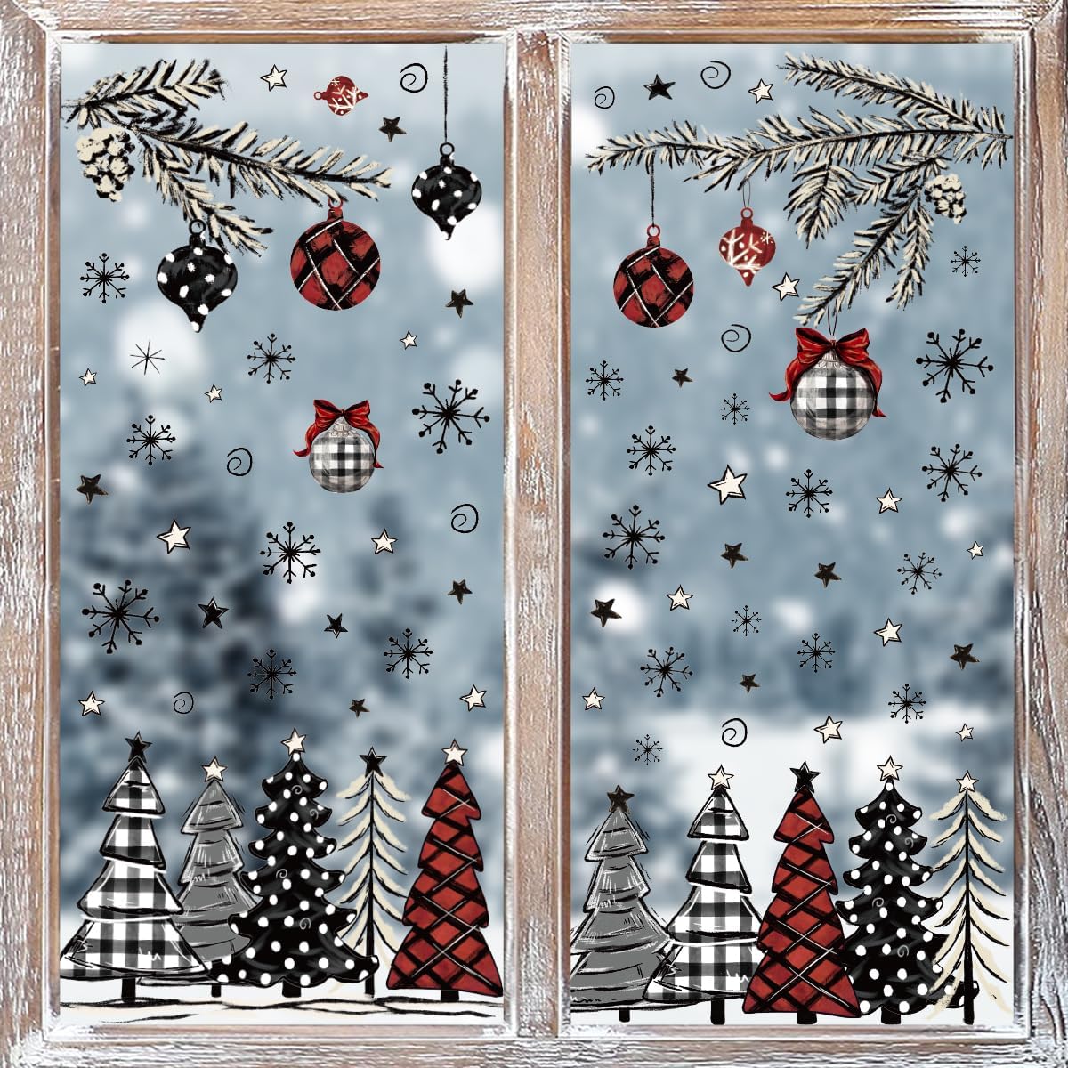 Horaldaily 123 calcomanías de Navidad para ventana, color negro y rojo árbol de Navidad nieve para suministros de fiesta en el hogar, ventana,