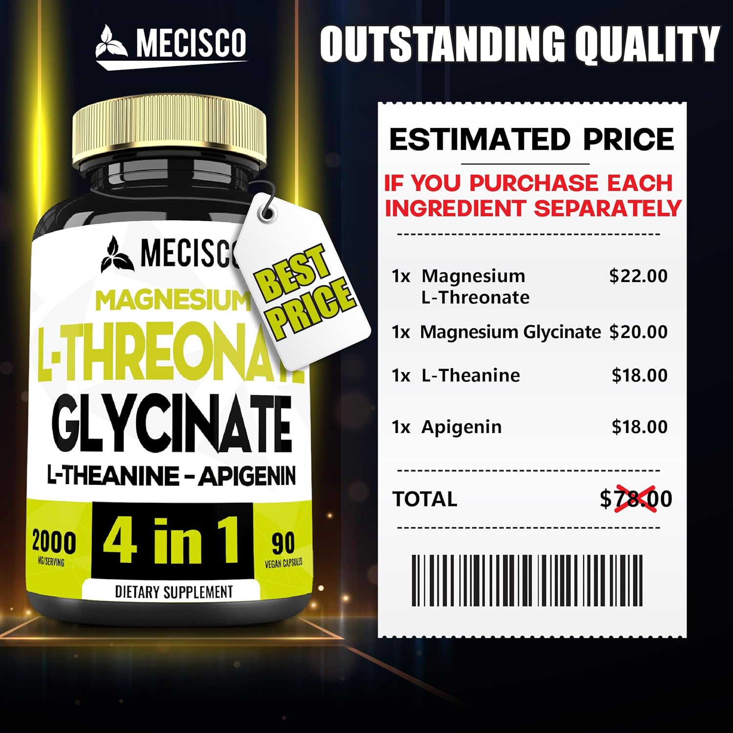 90 cápsulas  Suplemento de treonato de magnesio L de 2000 mg con glicinato de magnesio, L-teanina y apigenina  Estado de ánimo positivo, salud