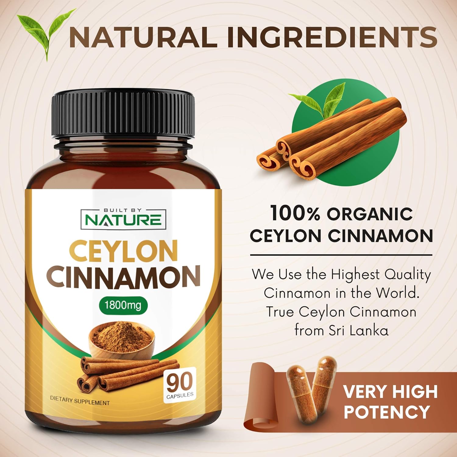 Suplemento de canela de 1800 mg con polvo de canela de Ceilán orgánico de alta potencia, apoya el metabolismo del azúcar y la salud cardíaca,
