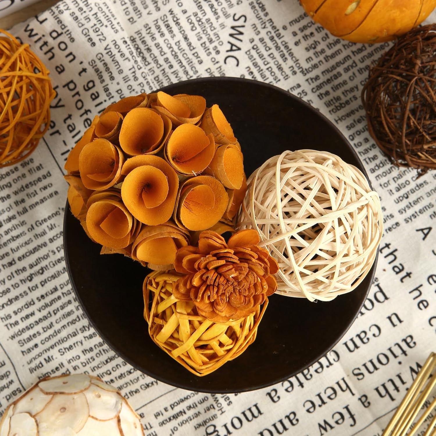 Bolas decorativas de otoño para decoración del hogar, juego de 6 bolas de mimbre de ratán de tono natural para decoración del hogar, centros de