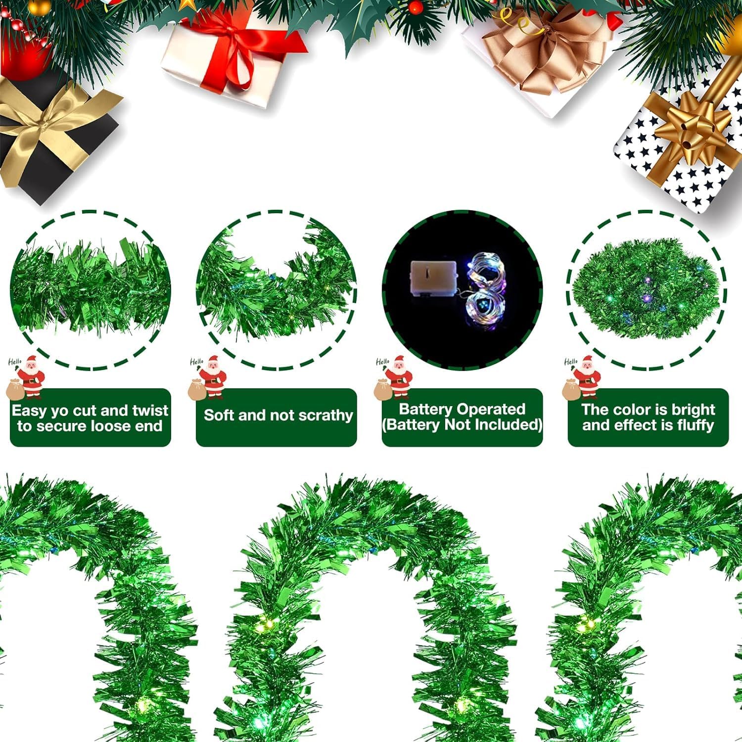 Guirnalda de oropel de Navidad preiluminada de 19.7 pies, guirnalda de oropel metálico verde con luces LED, funciona con pilas, guirnalda de