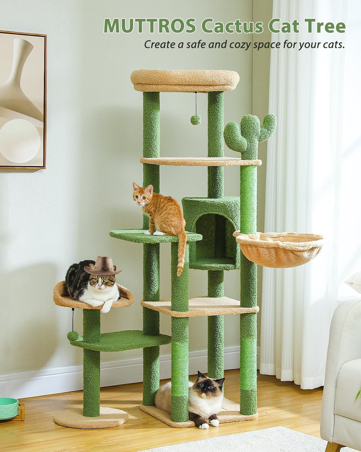 Árbol de cactus para gatos de 59 pulgadas, árbol grande para gatos de interior, torre para gatos grandes, torre para gatos de varios niveles,