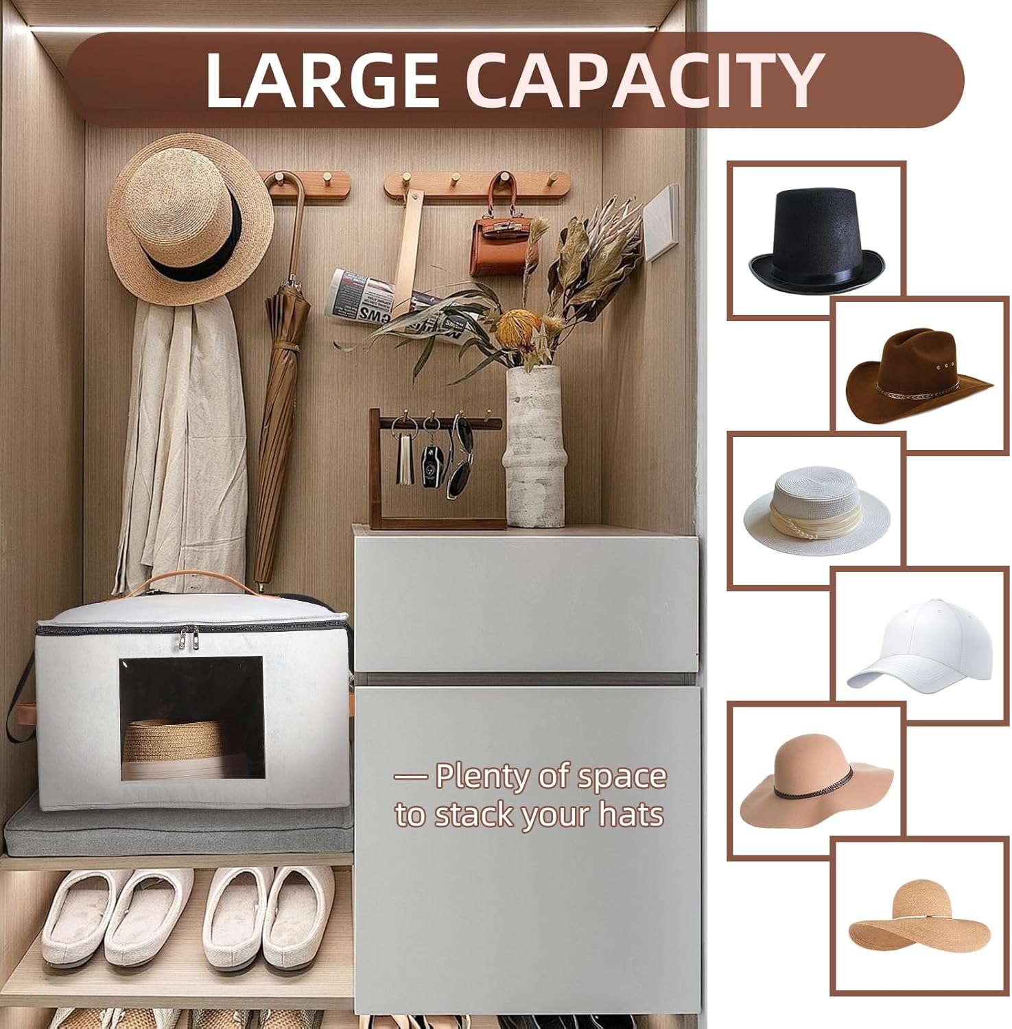 Caja de almacenamiento para sombreros, cajas de viaje para mujeres, caja plegable para sombreros con tapas, organizador de sombreros de vaquero
