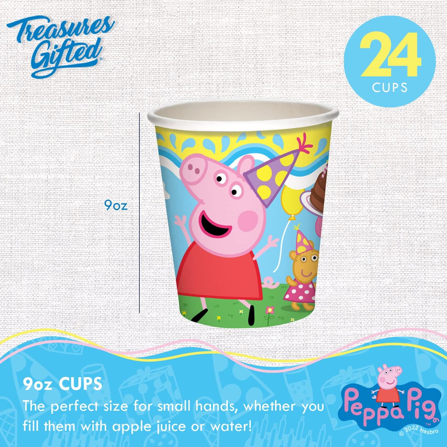 Treasures Gifted Suministros para fiesta de cumpleaños con licencia oficial de Peppa Pig, sirve para 24 invitados, juego clásico de vajilla –