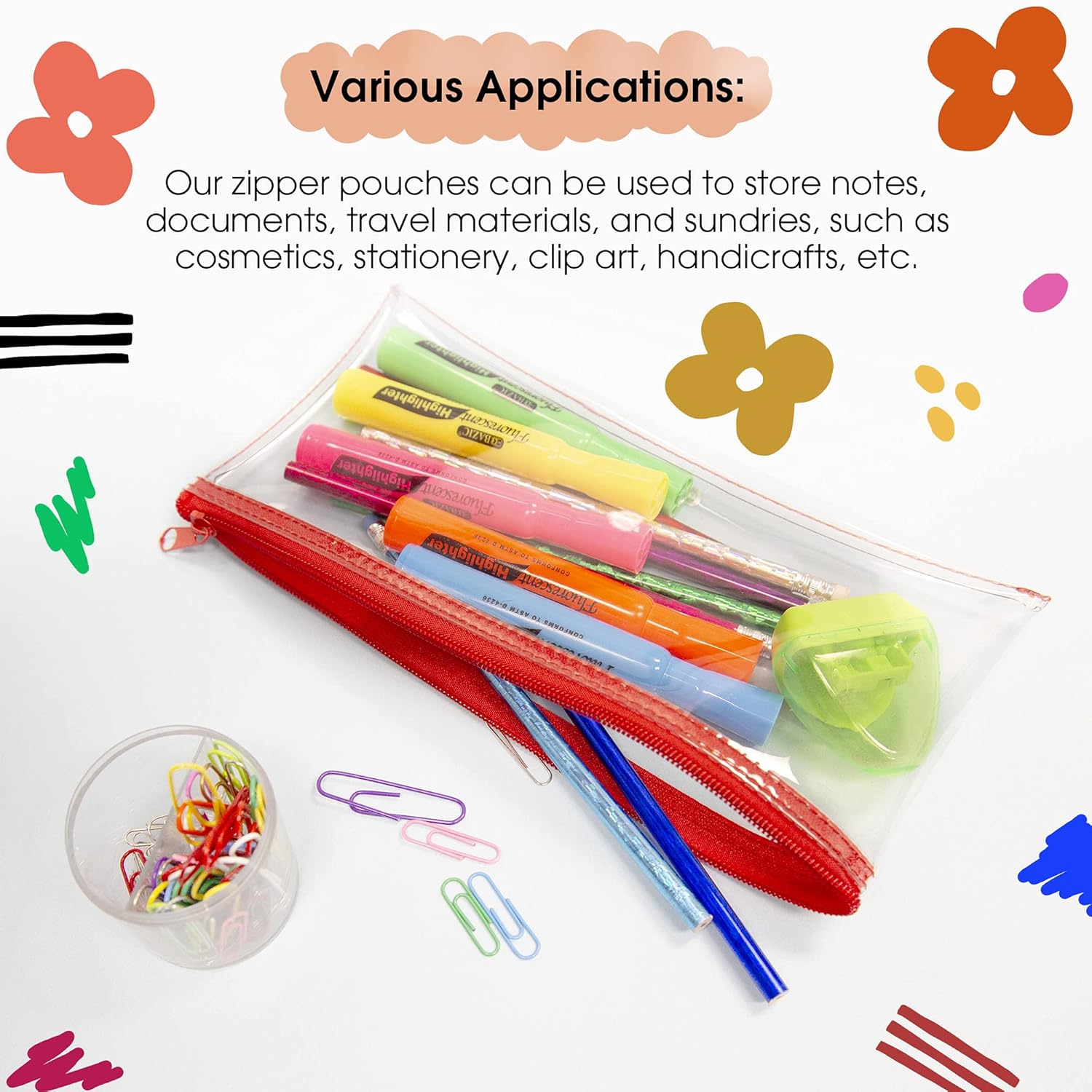 BAZIC – Estuche para lápices de 3 anillos con agujeros de anillos reforzados con remaches, color transparente de 11 x 5 pulgadas, bolsa con