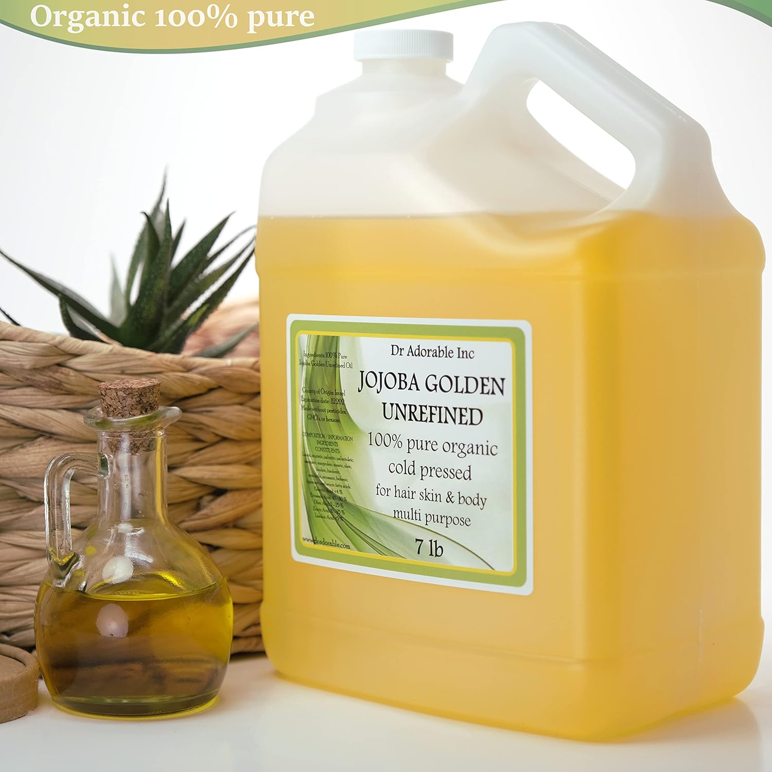Dr Adorable Aceite de jojoba dorado orgánico 100% puro, 128 onzas, un galón, 7 libras