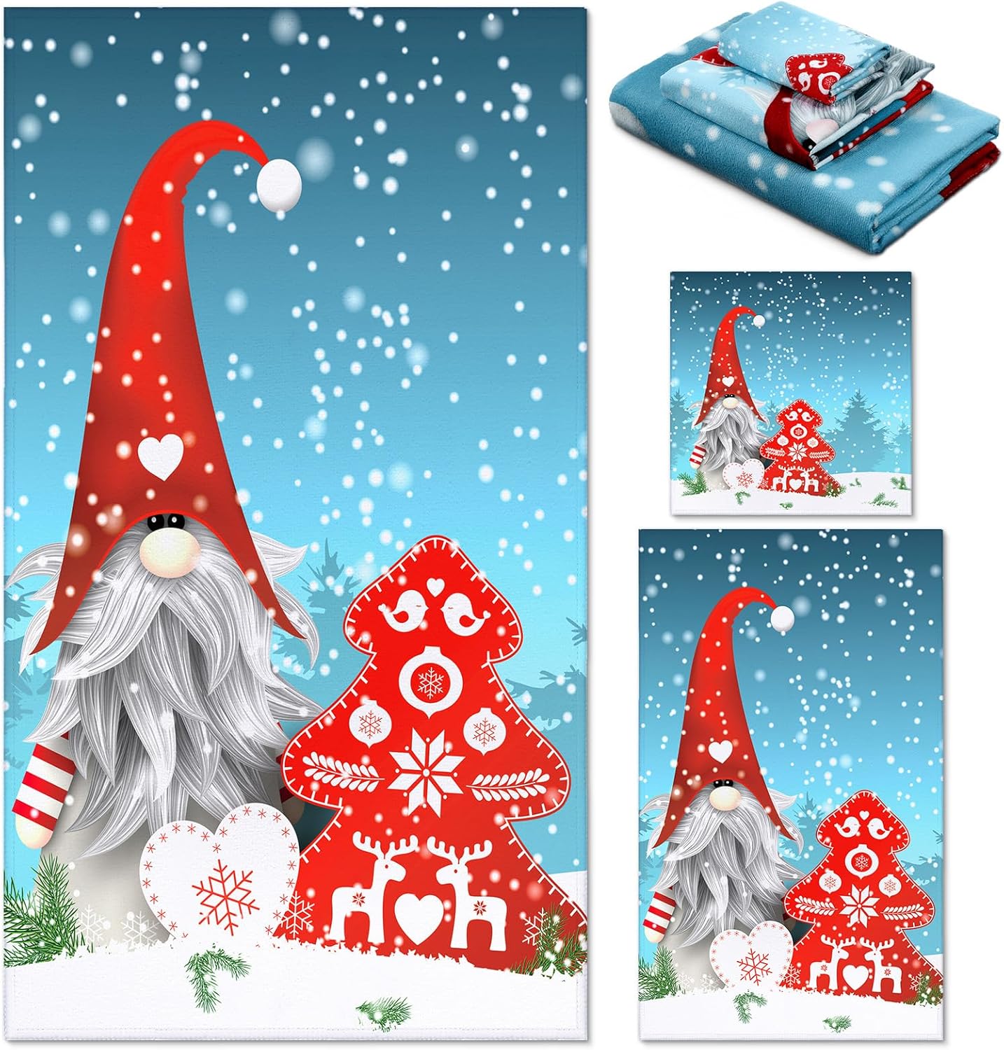 Juego de 3 toallas de baño de gnomo de Navidad, toallas de mano para árbol de Navidad, toallas de baño de copos de nieve, toallas de baño suaves y