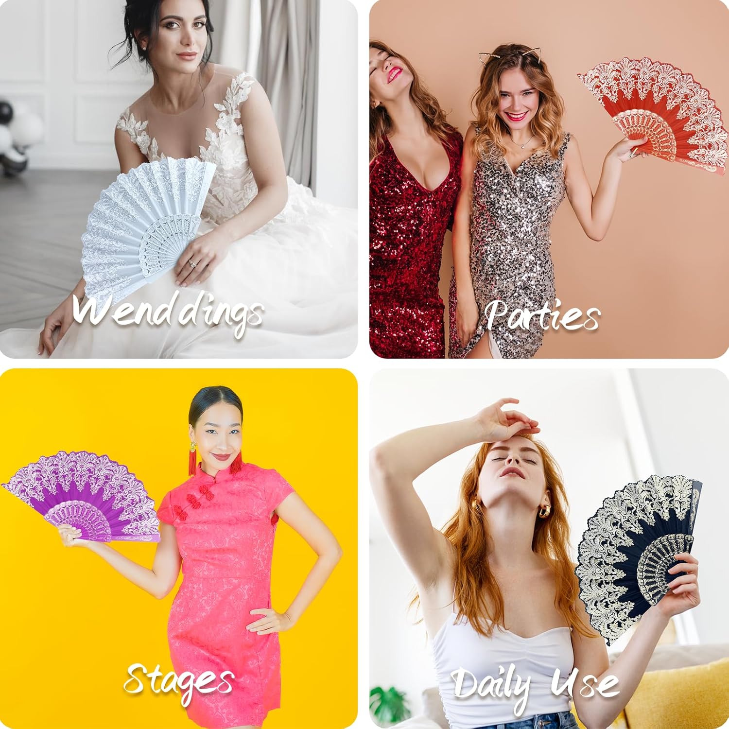Abanico plegable español, 5 abanicos de mano tradicionales retro con encaje rosa floral elegante ventilador de mano para bodas, bailes, fiestas de