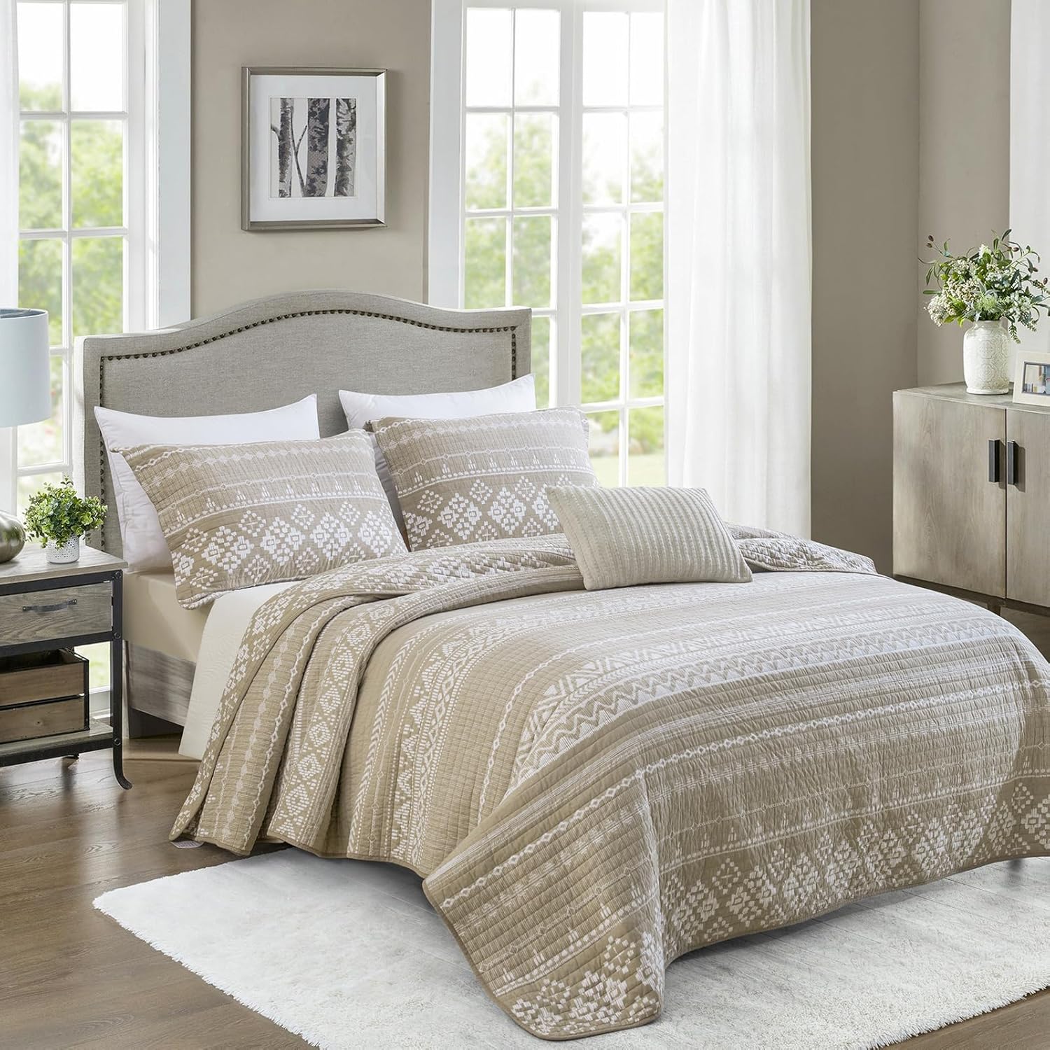 SahSahCasa Juego de edredón tamaño King, 100% algodón, bohemio, juego de ropa de cama, colcha reversible bohemia a rayas ligeras para todas las