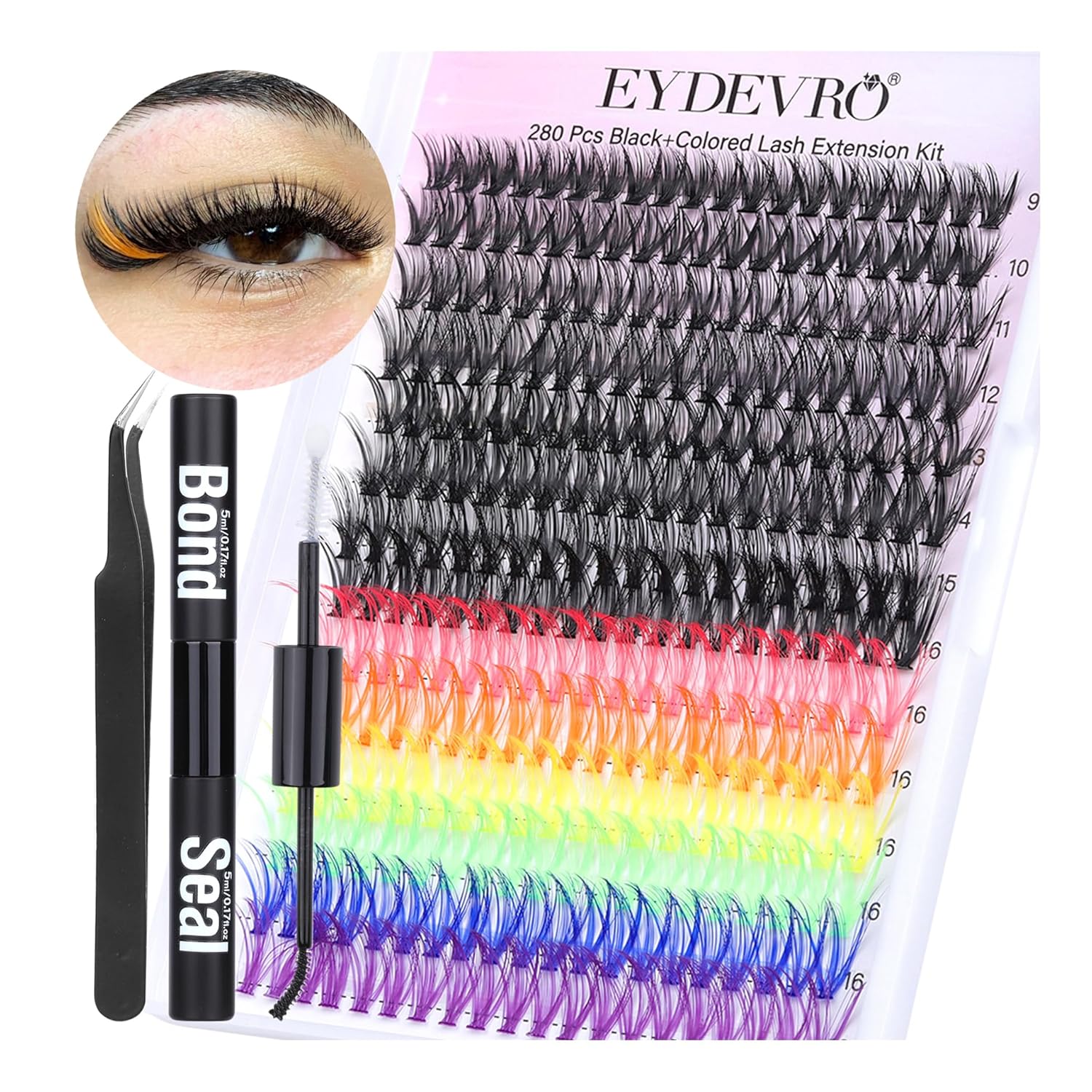 Kit de extensiones de pestañas de colores, racimos de pestañas de colores, 6 colores, arco iris, pestañas individuales con unión, sello y aplicador