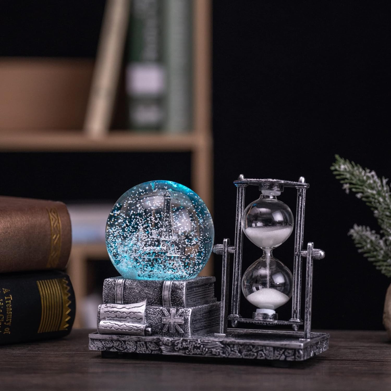 Globo de nieve antiguo con temporizador de reloj de arena LED musical de cristal de nieve caja de música coleccionable, reloj de arena temporizador