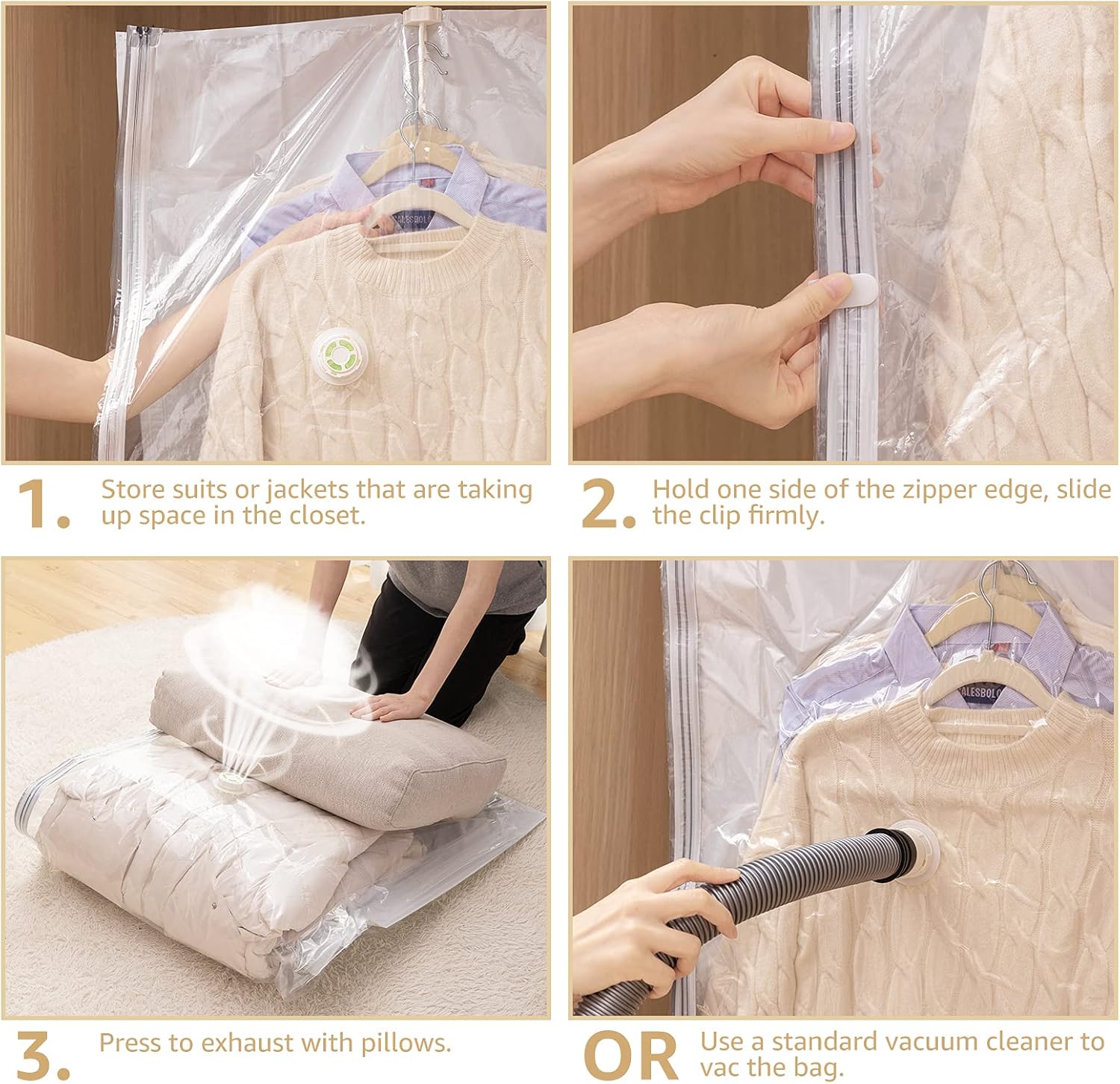LEVERLOC Bolsas de almacenamiento al vacío, bolsas colgantes para ahorrar espacio, paquete de 4 para ropa y abrigos de invierno, ahorra un 80% de