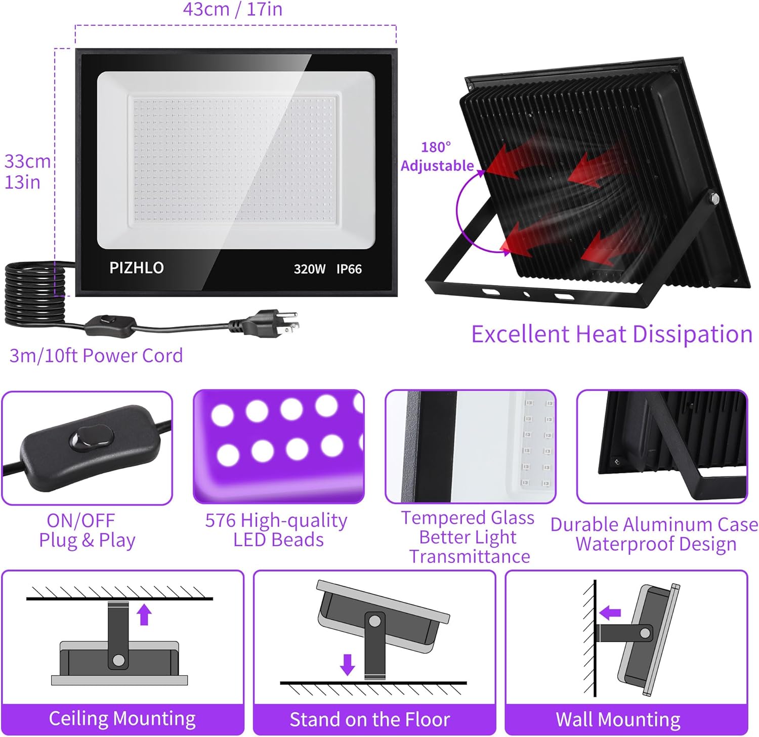 Paquete de 2 luces LED negras de 320 W, luz de inundación de luz negra con enchufe e interruptor, IP66 impermeable para exteriores, luz negra para